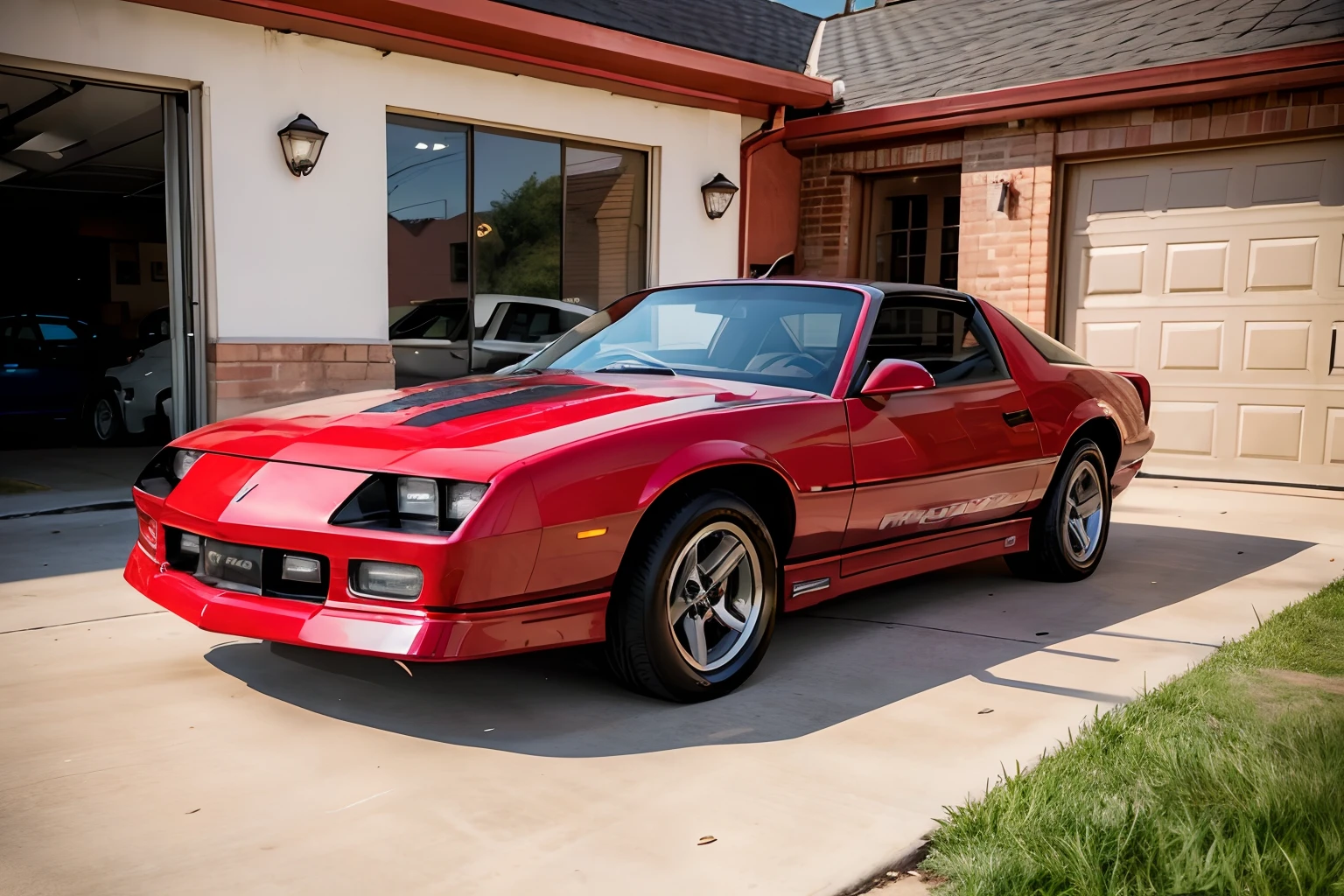 camaroirocz (portrait of a man:1.2) wearing the 80's summer suit and sunglasses leaning on a red car parked by a new york garage at day, high resolution, high quality, intricate detail, very sharp