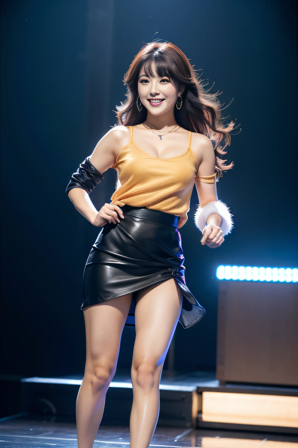 (8K分辨率,Vista full body photo,Photos above the legs),(1 female,28 year old,(Facial features of Hong Jin-young in South Korea:1.8,Wide skeletal cheeks,s delicate face,Slightly baby fat),Lovely face,com rosto detalhado,详细的脸,(Delicate Japanese makeup),Black colored eyes,(Look into the distance),Long dark red hair with slightly curly hair(Messy has layers),Redlip,Fair smooth skin,(Best Skin Type:1.21),A plump chest,(Off-the-shoulder T-shirt(Black polyester,real silk),One-piece high-rise hip skirt(brown pubic fur)),Slightly chubby goddess,Rich physique,stage action,perfect hand,Ultra-fine clothing material),(Mature idol,Idol commercial performance,Exquisite details of the stage environment),(exhilarated,confident smile,Rejoice),(profesional lighting,动态照明),((Color conflicts,mature,Raised sexy,(black in color,brown pubic fur,purpleish color))),(Golden section,Cinema lenses,Dynamic shots,Hasselblad photograp,tmasterpiece:1.3),(Concert,Sexy idols,trendsetting,Artis,Art platform)