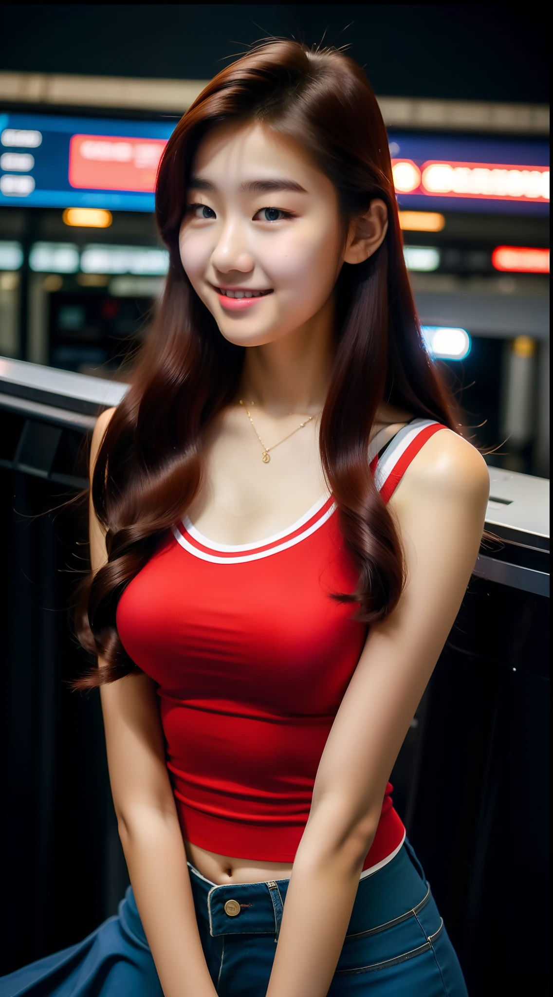 Cute high school Korean girl, 18 years old, red wavy hair, 32 inch breasts size, slightly smile, wearing red camisole, at the terminal gate, dutch angle, f/4.0, 35mm, Canon, glowing light, film grain, 1080P