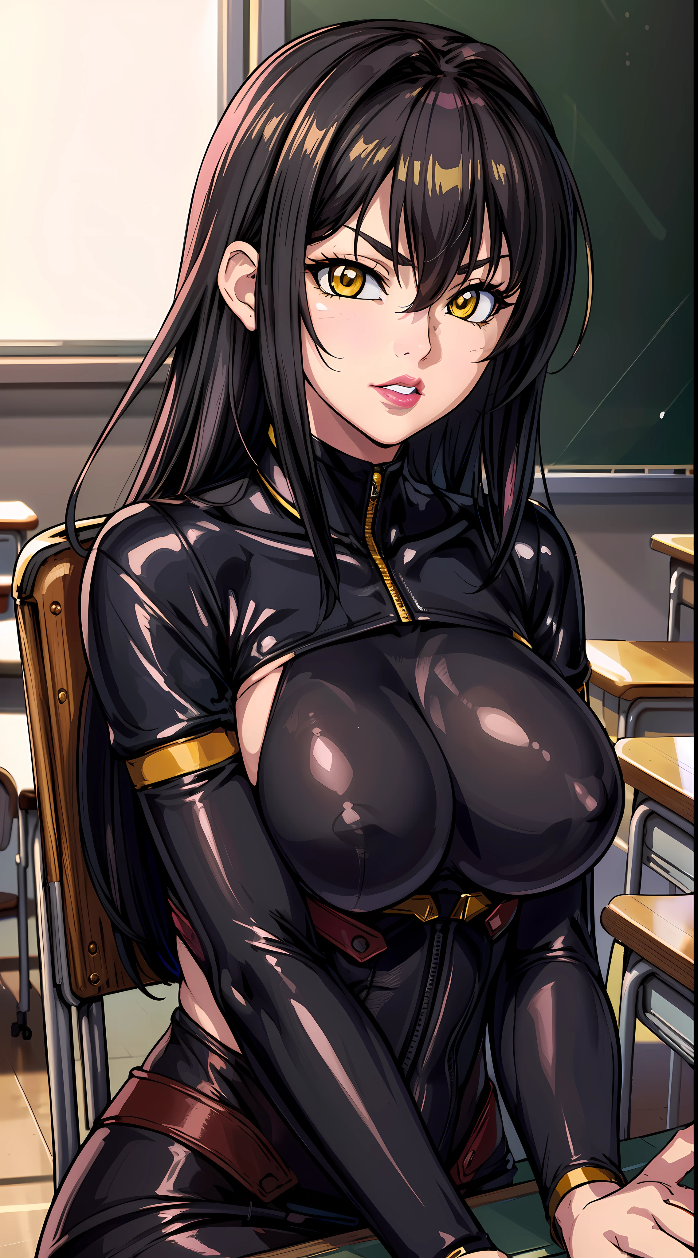 professional artwork, Intricate Details, field of view, sharp focus, detailed painting, photorealistic lighting, trending on pixiv,(masterpiece:1.0),(best_quality:1.0), ultra high res, ultra-detailed, photography, 8K, HDR, highres, absurdres:1.2, Kodak portra 400, film grain, sharp focus, bokeh:1.2, lens flare, (vibrant_color:1.2), (((indoors, classroom, classroom details, sitting on chair, perfect anatomy sitting, leaning to table))), annerose,
female mature, black hair, long hair, (((yellow eyes))), large breasts, (pink bodysuit:1.4), hair intakes, 25yo,mature female,Beautiful Finger,Beautiful long legs,Beautiful body,Beautiful Nose,Beautiful character design, perfect eyes, perfect face, looking at viewer, official art,extremely detailed CG unity 8k wallpaper, (Beautiful,large_Breasts:1.4), (beautiful_face:1.5),(beautiful_lips:1.5, red lipstick:1.4),(narrow_waist), (solo:1.4), (upper body, half body shot), add_detail:0
