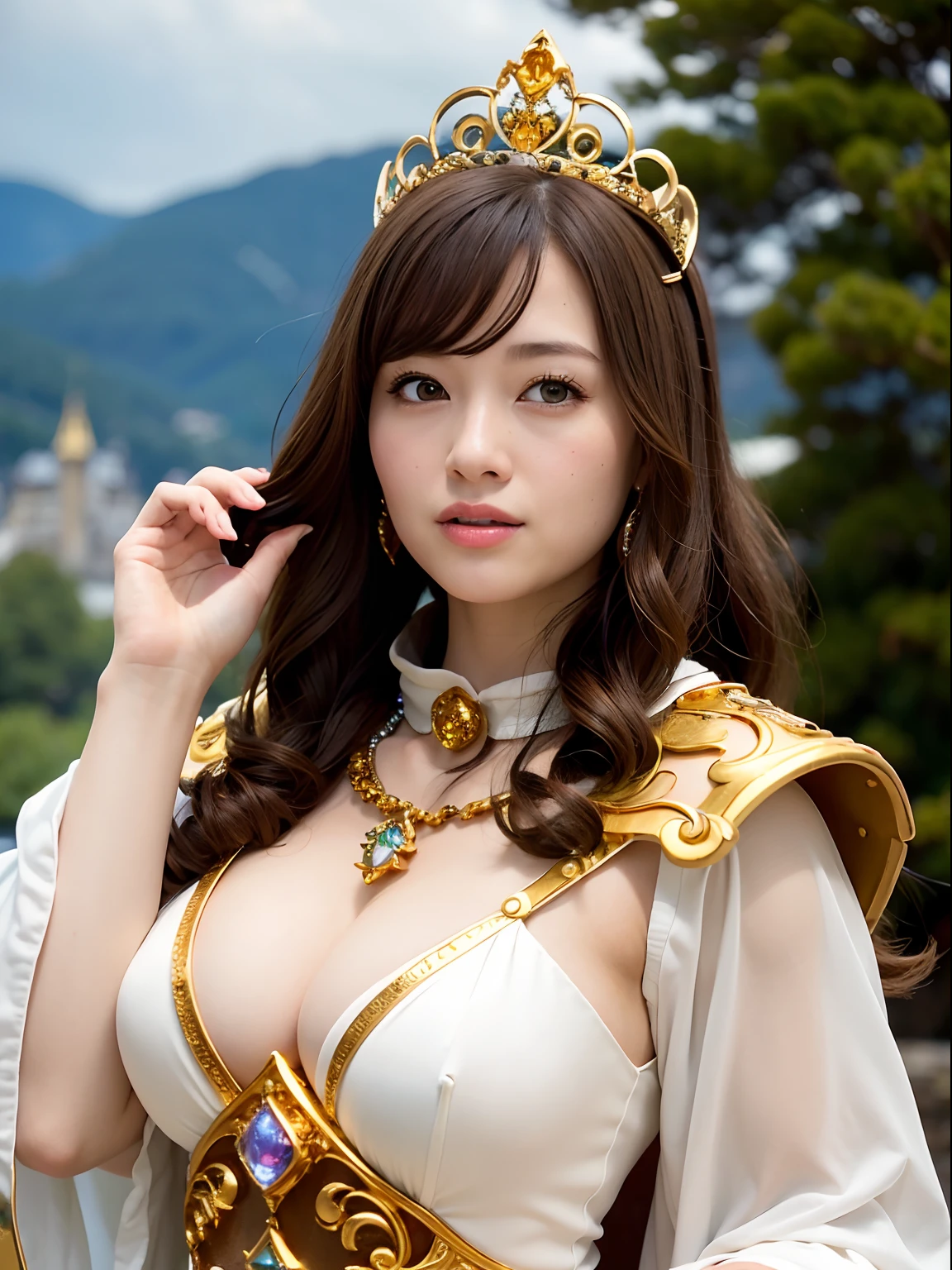 Professional , masterpiece、top-quality、photos realistic , depth of fields (Gemstone Silver Metal Body:1.9),(Matte yellow、Jewel Gold Weapon、(Gorgeous castle background)、(Jewel Metal Body:1.4),(Gorgeous Jewel Metal Weapons) , (Detailed Sword of the Brave) ,( ) ,warhammer 40k , adepta sororitas,Detail and ornate jewel crown、Brown hair、(Gangle's forest background)、1a person、dynamic ungle,(((Diamond tiara with detail and luxury)))、a small face、A smile、Powerful poses、(Gorgeous castle background)、huge filesize、20 year old beautiful woman、Stand in the center of the screen、Thin female fingers、Straight long hair、Beautiful Caucasian beauty、Mystical expression、Lightly open your mouth、,Luminescent particles,light scattering,Tindall Effect