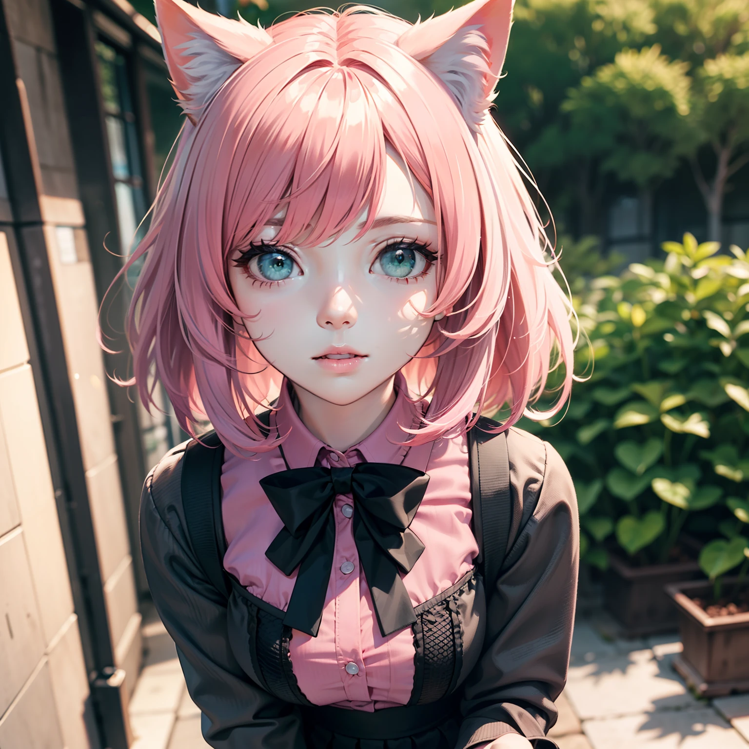 ((((detailed face)))),(Highest picture quality), (Master's work), (Detailed eye description), (8K wallpaper), (Summer plant room),cat girl,cat ears,(pink hair:1.25), short hair,(green eyes:1.23),(ringed eyes:1.1),((tareme)),medium_eyes,(light blue bowtie on neck), (1980s), (Detailed face description),((shy)),(detailed face),half closed eyes,head down, (((pink shirt))),(black skirt),(black fishnet pantyhose:1.1), black garter belt,(black bow),thigh strap,
standing, overall skirt, 
on street,
((((detailed face)))),