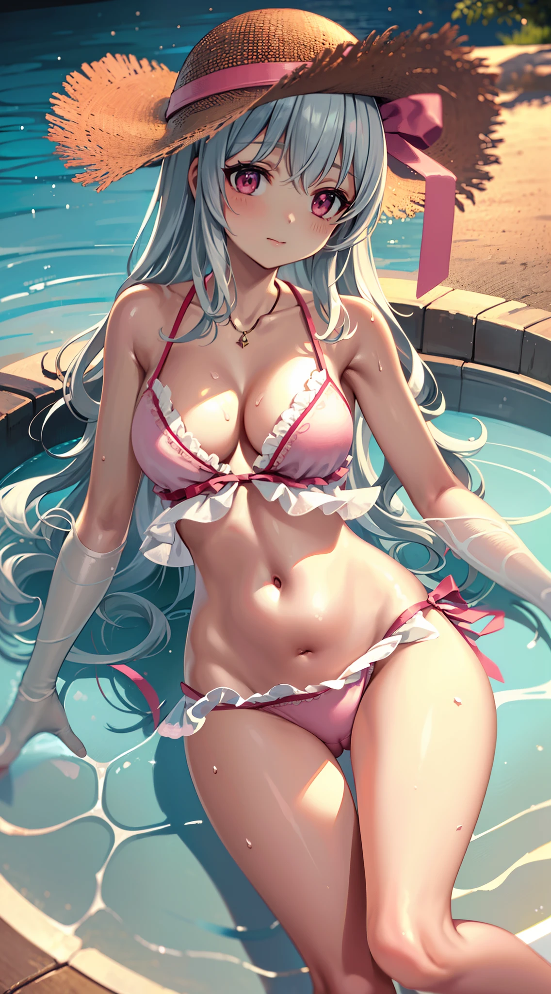 ((Best quality)), ((Masterpiece)), ((Ultra-detailed)), (illustration), (Detailed light), (An extremely delicate and beautiful), Dramatic perspective,A charming young girl,Pink swimsuit,Straw hat top,Swimming