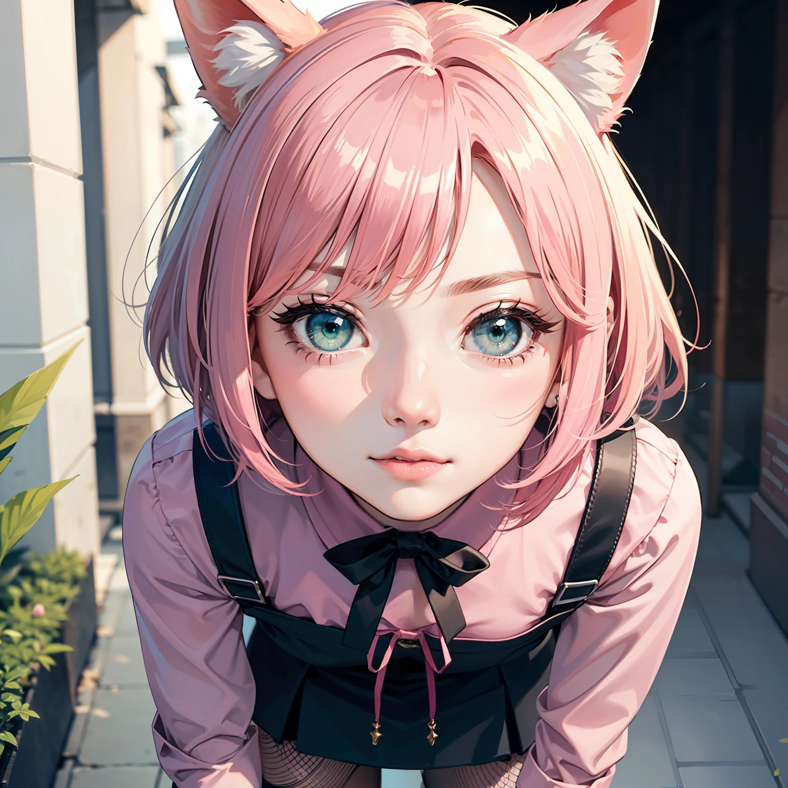 ((((detailed face)))),(Highest picture quality), (Master's work), (Detailed eye description), (8K wallpaper), (Summer plant room),cat girl,cat ears,(pink hair:1.25), short hair,(green eyes:1.23),(ringed eyes:1.1),((tareme)),medium_eyes,(light blue bowtie on neck), (1980s), (Detailed face description),((shy)),(detailed face),half closed eyes,head down, (((pink shirt))),(black skirt),(black fishnet pantyhose:1.1), black garter belt,(black bow),thigh strap,
standing, overall skirt, 
on street,
((((detailed face)))),