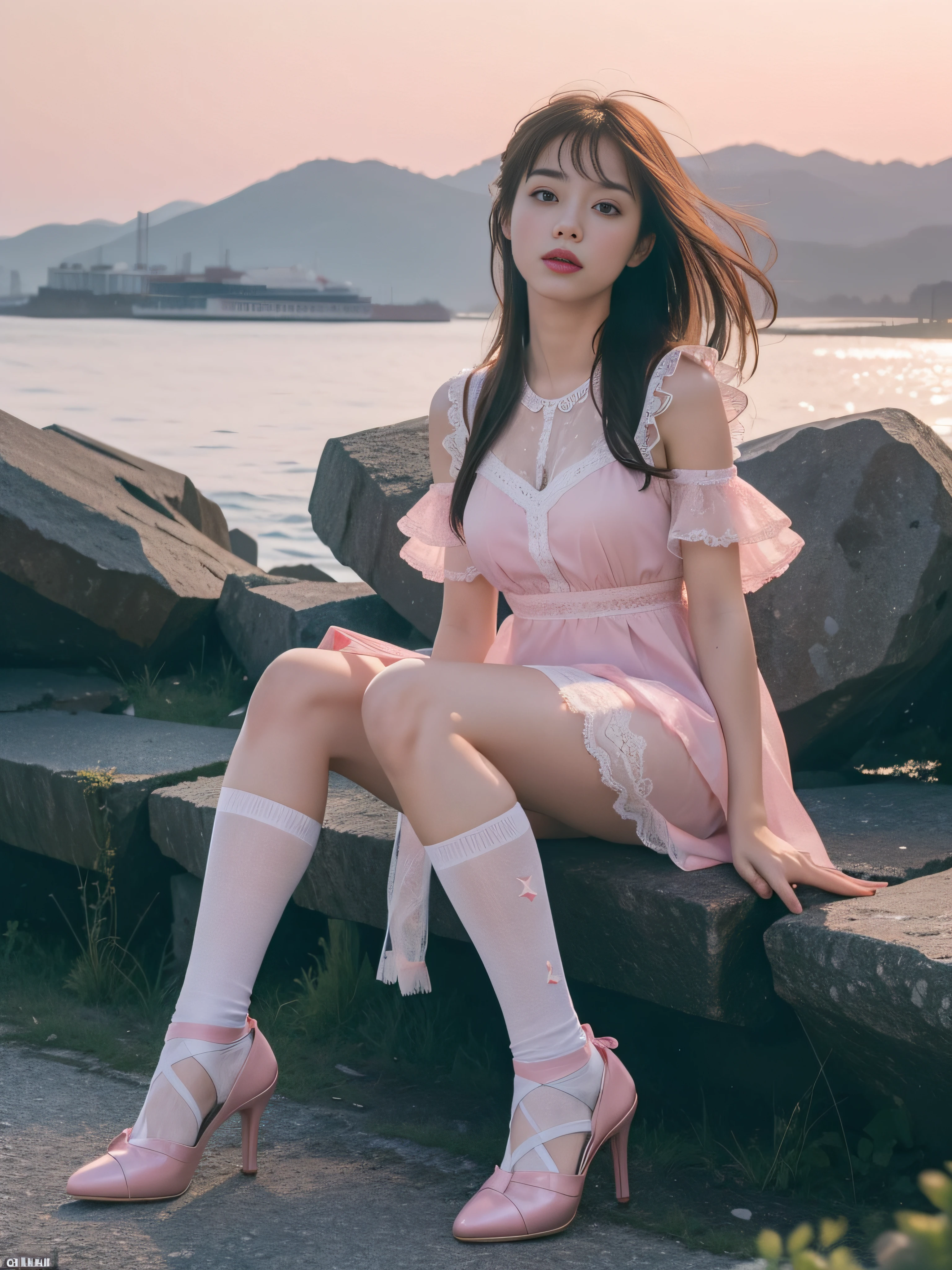 (full body:1.5),(1girl:1.3),(view the viewer:1.4),(anatomy correct:1.3),(Sitting on the sea:1.2),(A pink and blue dress :1.2),( girl pointed thick heels and White lace calf socks :1.1),(Accurate and perfect face:1.3),hyper HD, Ray traching, reflective light,structurally correct, Award-Awarded, high detail, lighten shade contrast, Face lighting ,cinmatic lighting, masterpiece, super detailing, high quality, high detail, best quality, 16k,High contrast,