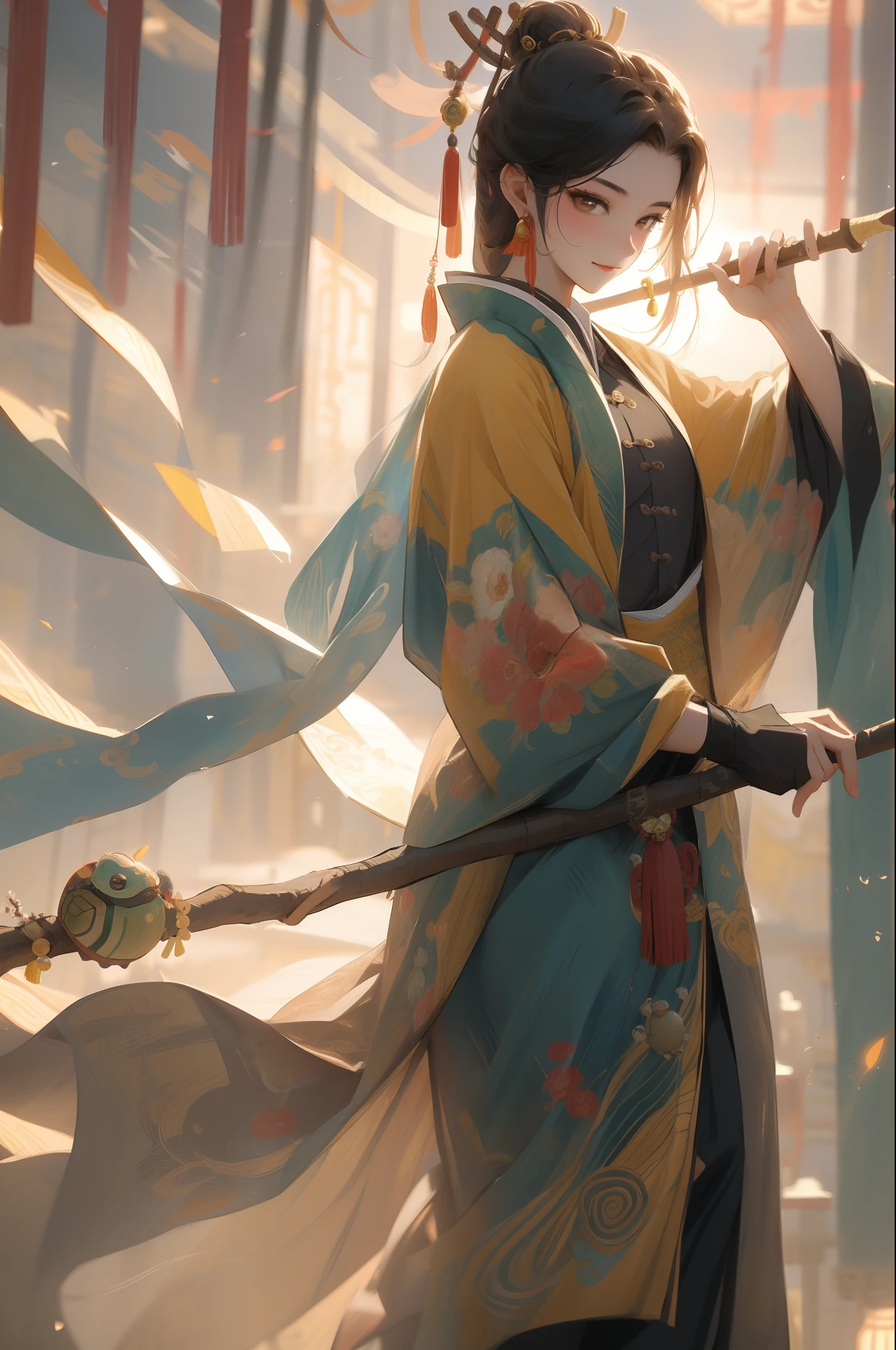 1monkey,anthropomorphic turtle,Hold a golden stick,Peking Opera modeling,clean backdrop