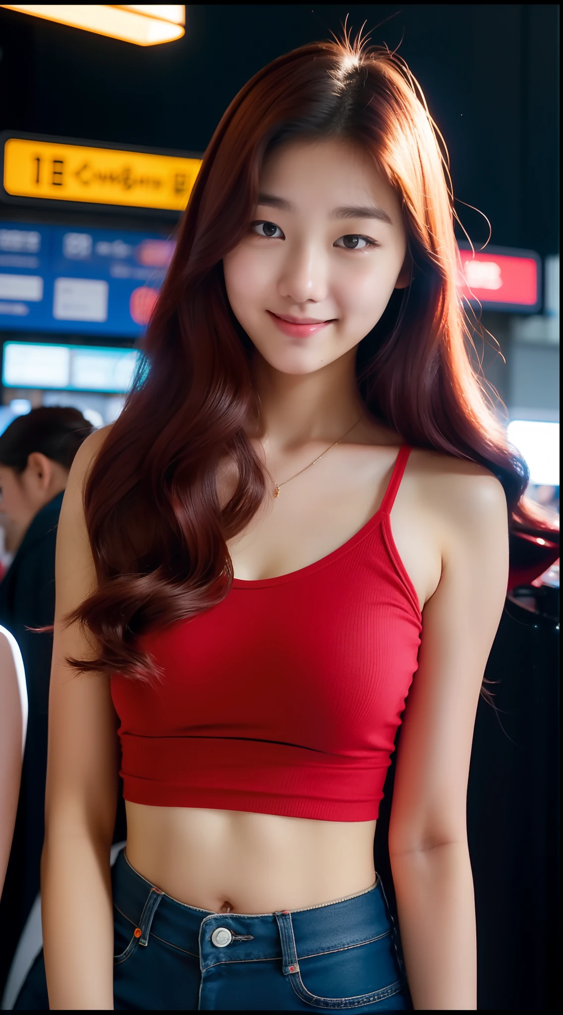 Cute high school Korean girl, 18 years old, red wavy hair, 32 inch breasts size, slightly smile, wearing red camisole, at the terminal gate, dutch angle, f/4.0, 35mm, Canon, glowing light, film grain, 1080P