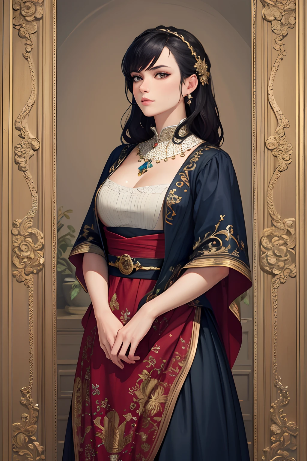 Court background,(Hands together:2.0),(dark blue curly short hair:2.0),British court-style low bun,Standing close-up,dream world,Royal sister,(Slender red red phoenix eyes,eye shadow,long eyelashes),Slender red red phoenix eyes,eye shadow,Contact lenses,Jade necklace,(Off the shouldersBaroque skirt,Off the shoulders,Widen hem,Shredded flower cloth:2.0),(big breast)ballroom background,(soft light and shadow:1.9),Intricate body jewelry,High heeled dancing shoes,High heeled dancing shoes,Detailedly drawn backgrounds