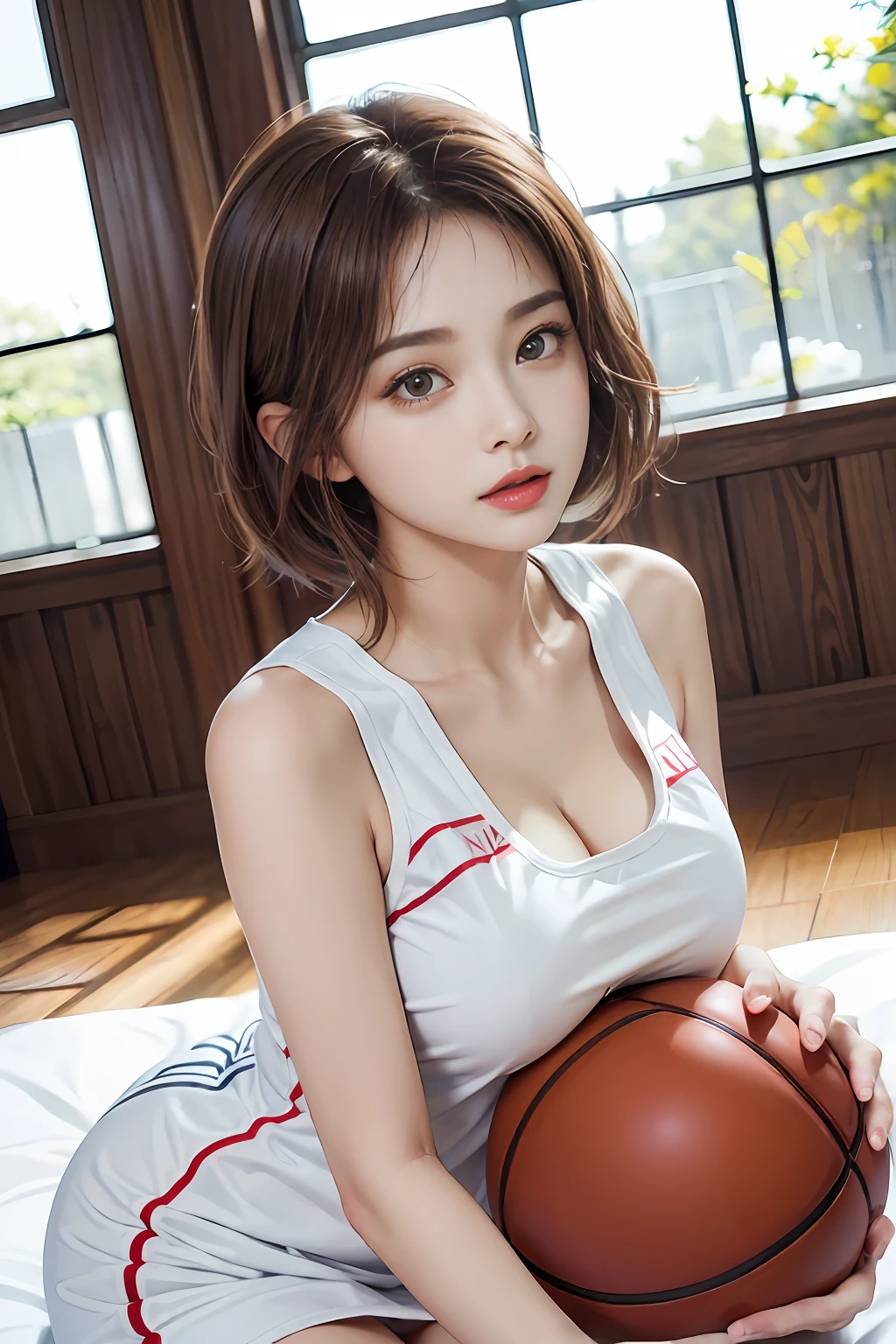 (RAW photos,4K,tmasterpiece,A high resolution,very intricate)(realisticlying:1.4),A delicate girl with facial features in the movie
1 Girl, Single focus, Full body like,Summer noon, Playing the Basketball,Basketball pose,thermography, 1990's\(styled\),White skin,(Bigchest,cleavage), (Best quality), (A high resolution), (Extremely Delicately Beautiful),,(Beautiful 8k face),(Brown eyes),(Ulzzang-6500:1.0),(Large breasts),(NFFSW),(Basketball sportswear),((Playing basketball)),((gymnasium)),((velocity)),(reality),(jiayi:1.5), closeup cleavage, tmasterpiece, best qualtiy, RAW photogr, realisticlying, faces, Incredibly Ridiculous res, Buatigar, adolable, short detailed hair, depth of fields, A high resolution, ultra - detailed, finedetail, Very detailed, extremely detailed eye and face, Sharp pupils, pupil realistic, tack sharp focus, cinmatic lighting