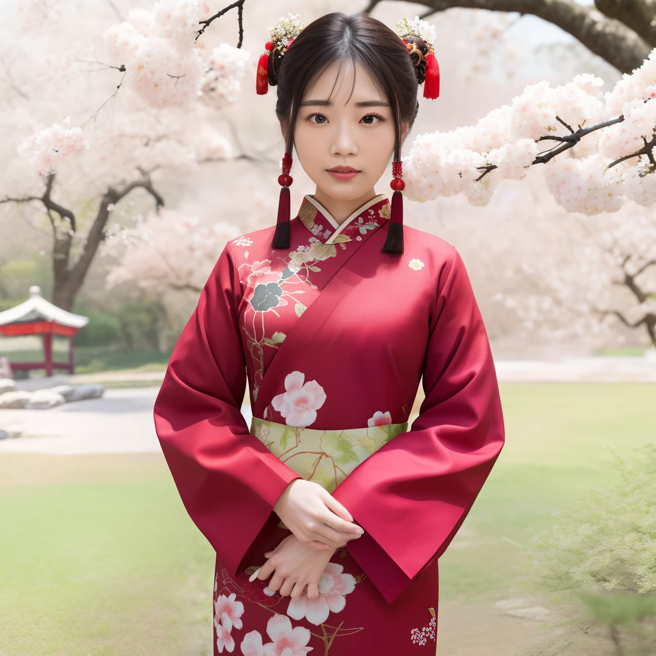 Araved woman in a red shirt standing in front of a tree, Traditional Chinese clothing, red kimono with flower patterns, with acient chinese clothes, Wearing a red cheongsam, Japanese clothes, wearing pink floral chiton, Chinese style, Cheongsam, Chinese traditional, inspired by Lü Ji, inspired by Jin Nong, Wearing ancient Chinese clothes