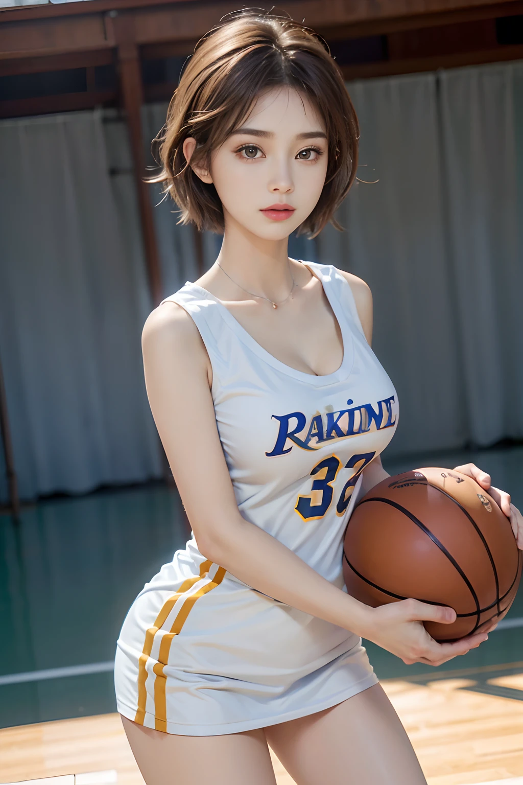 (The to the FW), 1womanl, Solo, 24 year old, 7headed body, (cute face),Crab crotch、(Hairy pubic hair、Pubic gate that protrudes considerably:1.18) (Ideal ratio body proportions), Wearing a basketball uniform, , Wearing sweat, The costume is sheer, Wet, Smiling smile, short-hair, Dark hair, huge tit 、tits out, A slender, Small buttocks, beauty legs, Skinny Legs, surrealism, Cinematic lighting, depth of fields, One-person viewpoint, F/1.8, 135 mm, nffsw, masutepiece, ccurate, ((Anatomically correct)), Textured skin, Super Detail, high details, High quality, awardwinning, Best Quality, hight resolution, 8K
