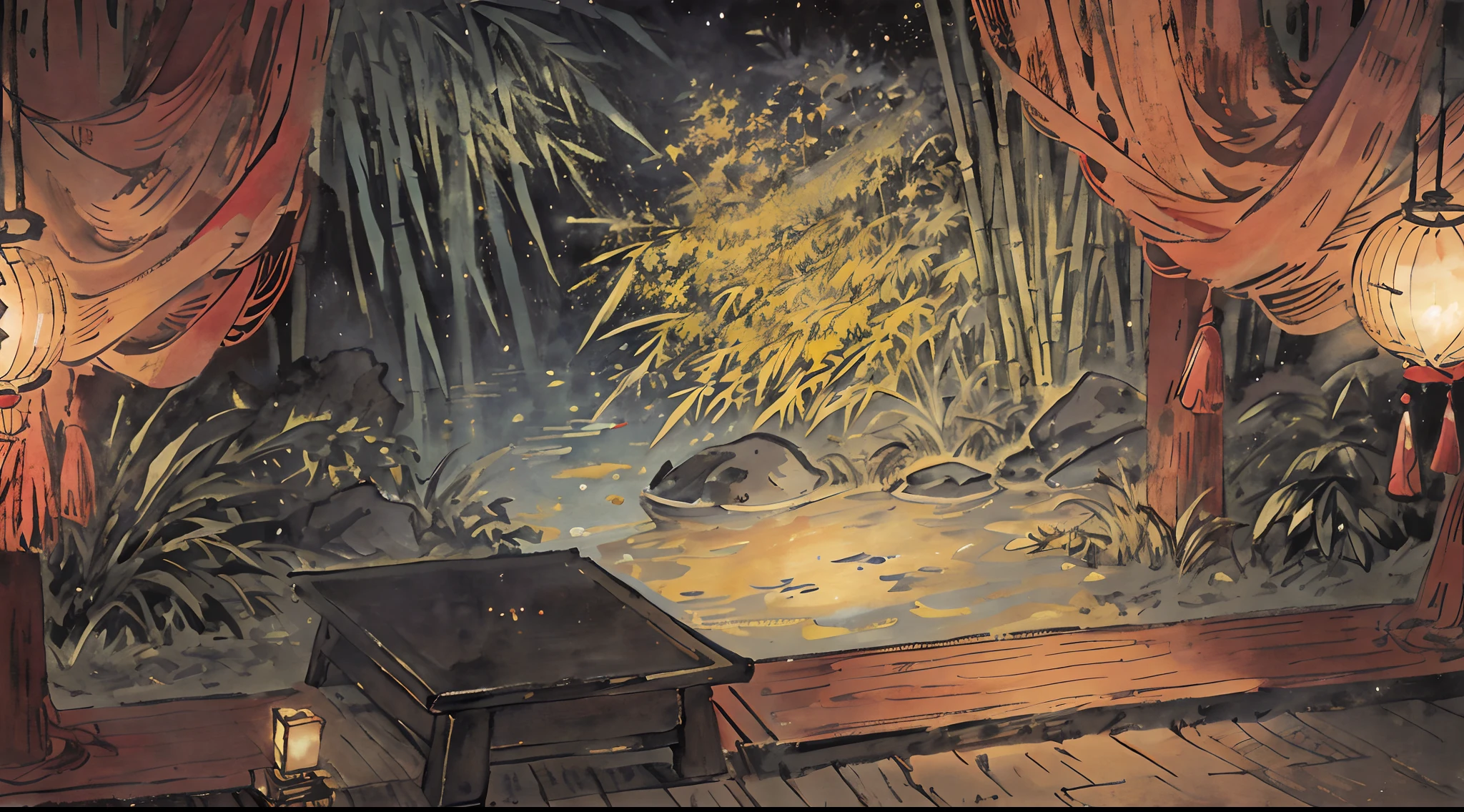 A Japanese shrine，the night，starrysky，bamboo forrest，tmasterpiece,There is no one in the picture，Faraway view，Background with，Need,Extremely beautiful,World Masterpiece Theatre,super-fine,Need,Need,A high resolution,The best of the best,illustratio,looking at viewert, impasto, canvas, oil painted, Realistic, Realist,Real,
