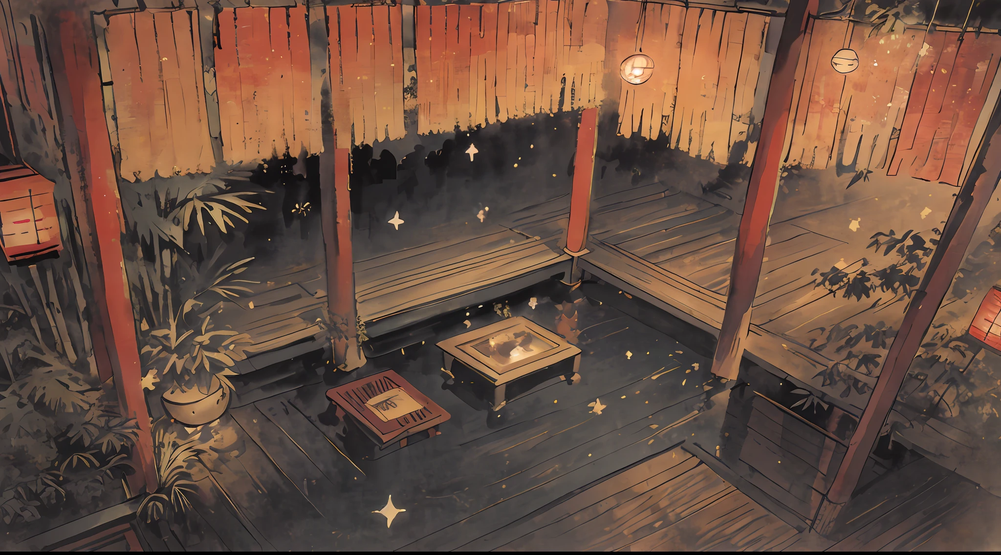 A Japanese shrine,the night,starrysky,bamboo forrest,tmasterpiece,There is no one in the picture,Faraway view,Background with,Need,Extremely beautiful,World Masterpiece Theatre,super-fine,Need,Need,A high resolution,The best of the best,illustratio,looking at viewert, impasto, canvas, oil painted, Realistic, Realist,Real,
