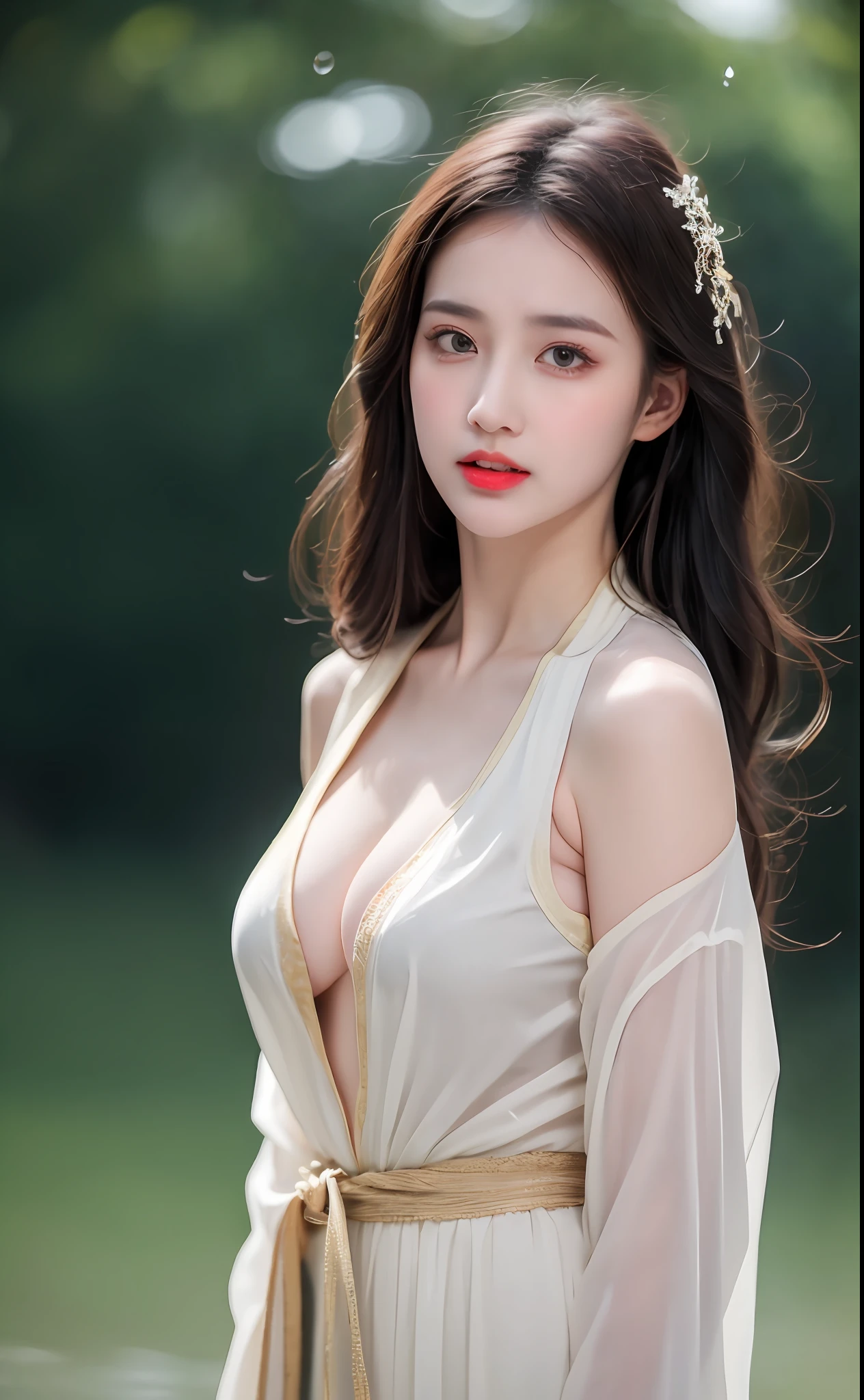 ((Best Quality, 8k, Masterpiece: 1.3)), Focus: 1.2, Perfect Body Beauty: 1.4, Buttocks: 1.2, ((Layered Haircut)), (Wet Clothes: 1.1), (Rain, Street:1.3), (Breasts: 1.2), (Hanfu: 1.2), Bare Shoulders, Bare Legs, Highly Detailed Face and Skin Texture, Fine Eyes, Double Eyelids, Whitened Skin, Long Hair, (Shut Up: 1.5), (Bokeh Background: 1.5), Big Breasts
