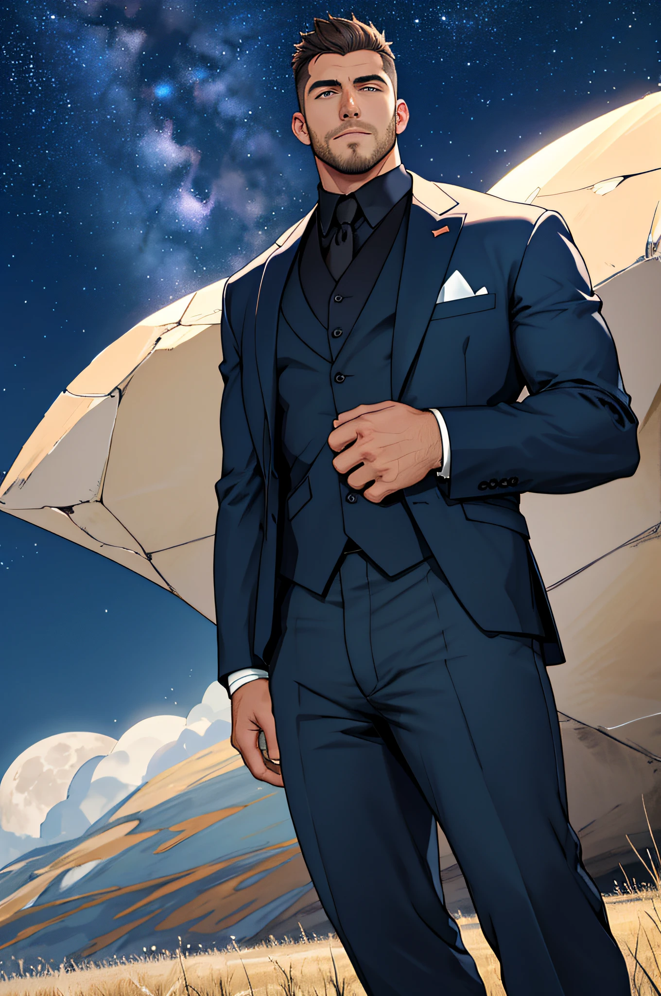 Draw a full-fledged footballer,Standing on the steppe at night,Quiet and comfortable background,He wears the same suit as the country's president,The suit fits perfectly,Handsome face,eyes with brightness,The man looks confident and determined,looking-down,Crew cut,full bodyesbian,Stars dot the sky,shooting from below,Big moon highlights background