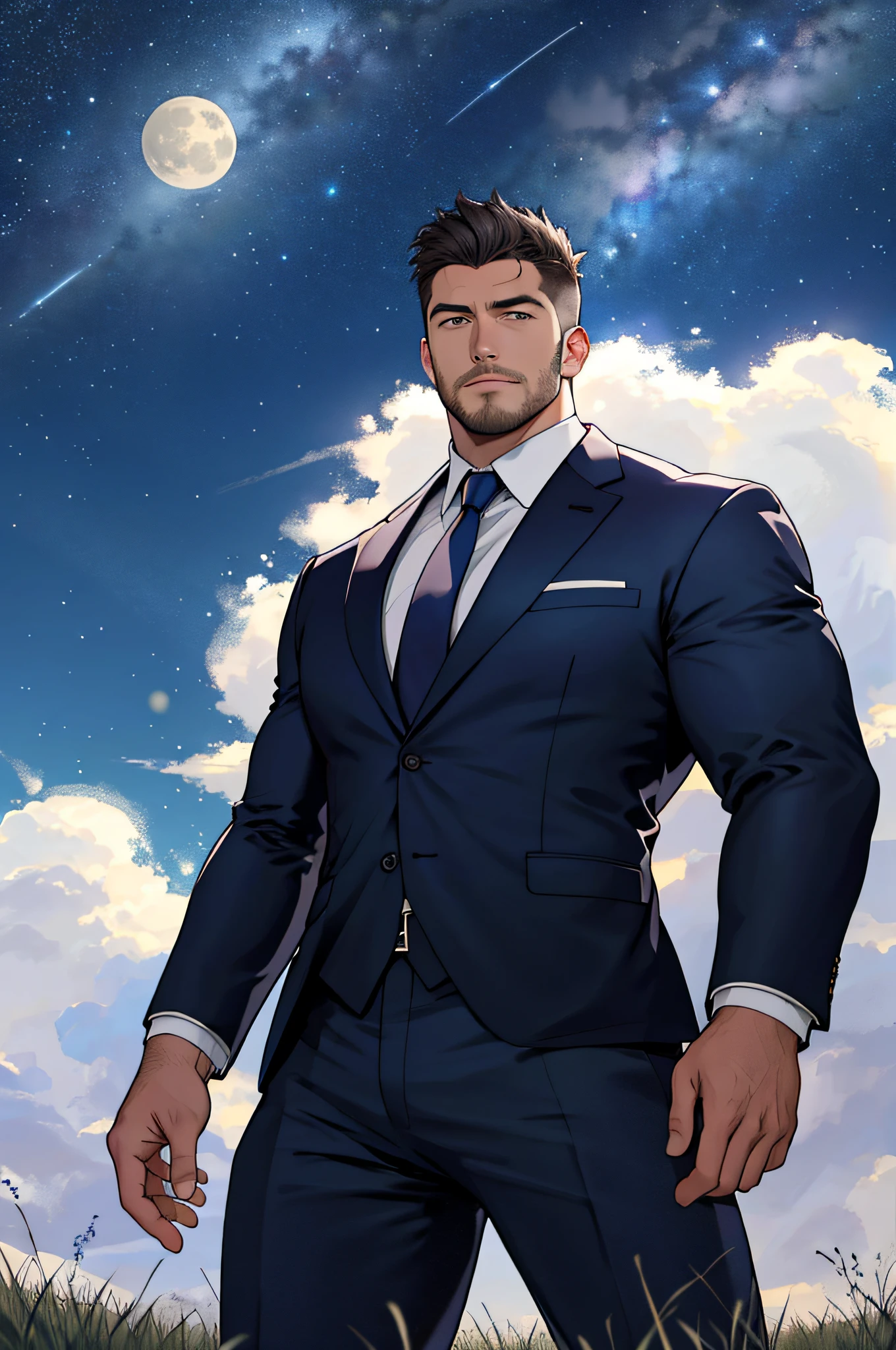 Draw a full-fledged footballer,Standing on the steppe at night,Quiet and comfortable background,He wears the same suit as the country's president,The suit fits perfectly,Handsome face,eyes with brightness,The man looks confident and determined,looking-down,Crew cut,full bodyesbian,Stars dot the sky,shooting from below,Big moon highlights background