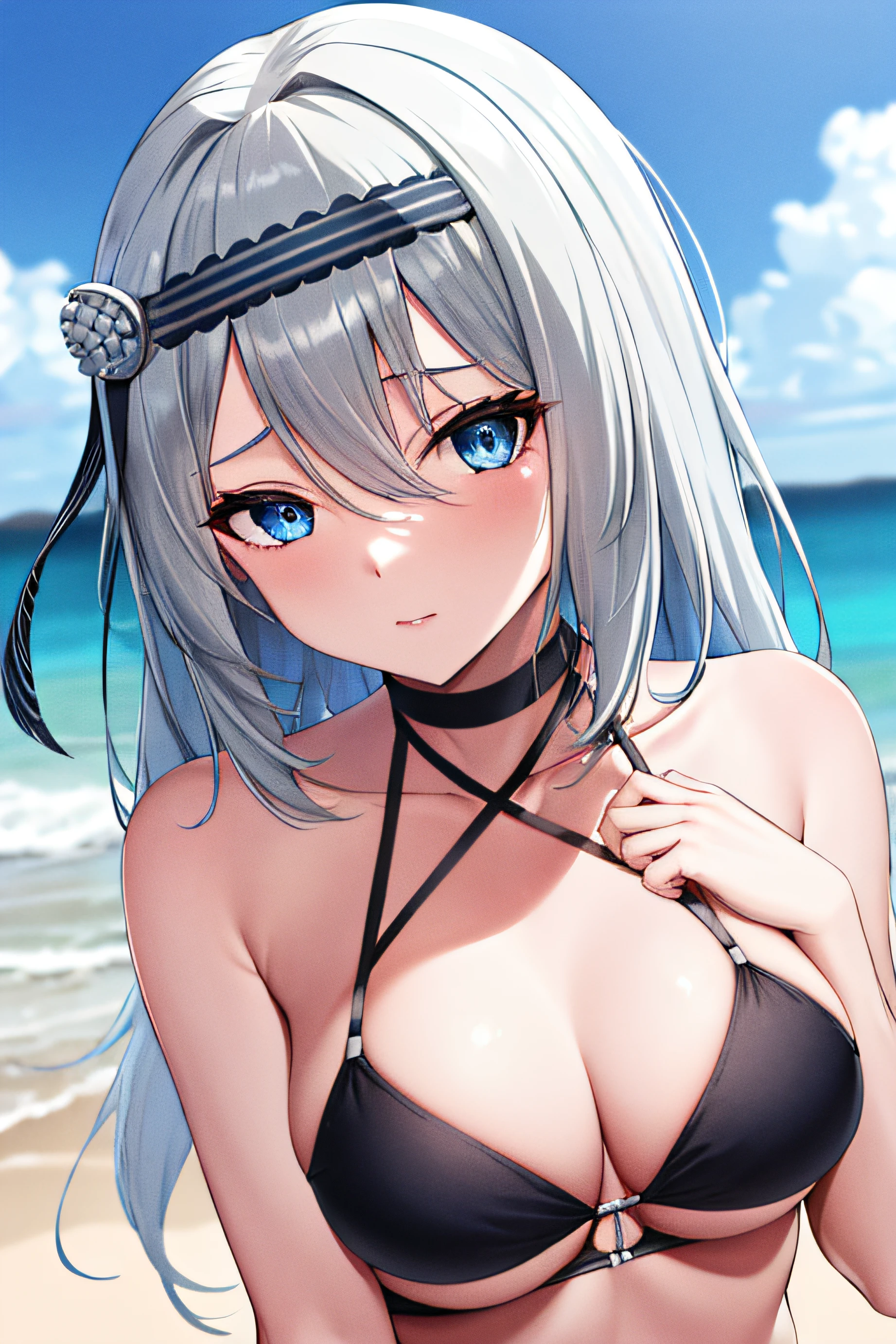 best quality, highres, kei1, 1girl, solo, blue eyes, long hair, bangs, grey hair, black hairband, hair ornament, hair between eyes, medium breasts, bikini, at beach