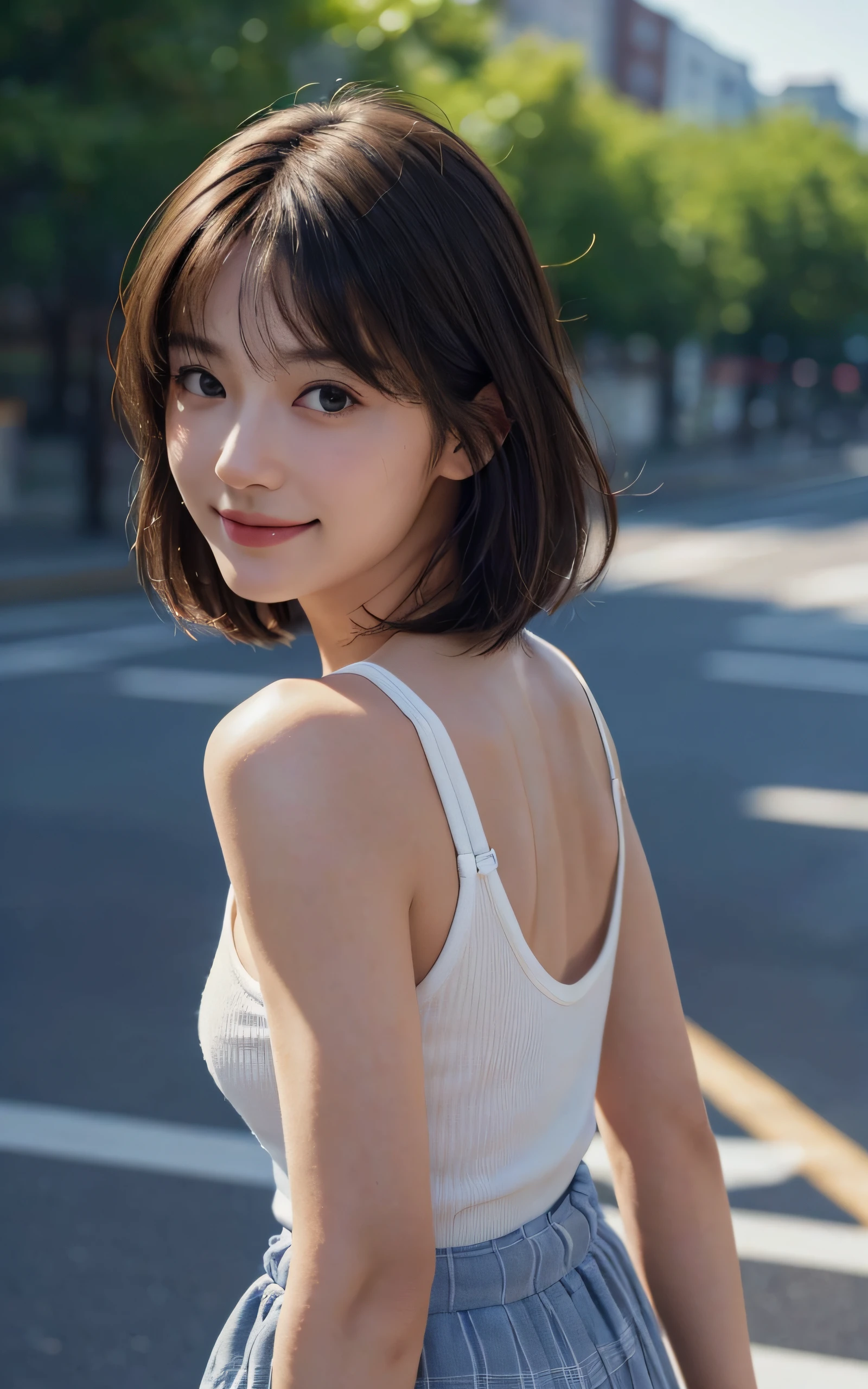 masutepiece, The highest image quality, High quality, Beautiful japanese girl, Cute, Gravure Idol Figure, Detailed, Detailed eyes, Detailed skin, Beautiful skin, Ultra High Resolution, (reality: 1.4),Very beautiful, Slightly younger face, Beautiful skin, slender, (A hyper-realistic), (hight resolution), (8K), (Very detailed) (beautifully detailed eyes), (super detailed), (Wallpaper), (Detailed face), Looking at Viewer, Fine details, Detailed face, Smiling, Tank top, skirt, Looking straight ahead, Looking straight ahead, angle from waist up, photos realistic, Bright lighting, Professional Lighting, Mature Woman, (Brown hair, Bob Hair, layers-Cut, Swaying in the wind, Bangs), New York, congestion, Many people