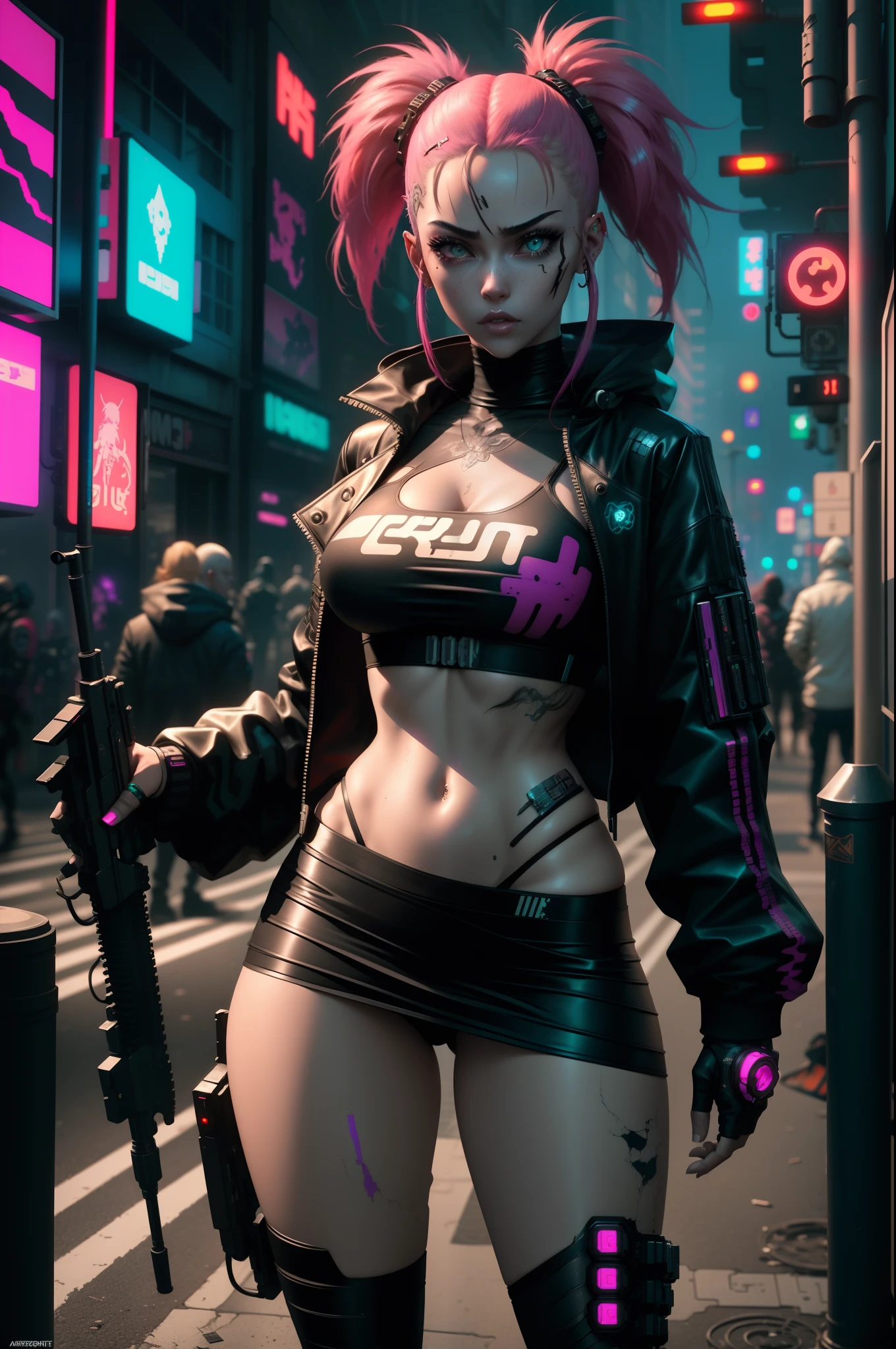 An ultra realistic and extremely detailed full body shot of a very beautiful female in a neon outfit holding a gun, gorgeous long tresses, mesmerizing eyes, extremely detailed and clear facial features, cyberpunk street goonette, digital cyberpunk anime art, cyberpunk gal, cyberpunk vibe, cyberpunk streetwear, cyberpunk anime art, cyberpunk character art, cyberpunk art style, cyberpunk vibrant colors, cyberpunk character, in cyberpunk style, anime cyberpunk art, cyberpunk vibes, style of cyberpunk, wearing cyberpunk streetwear, cyberpunk style."