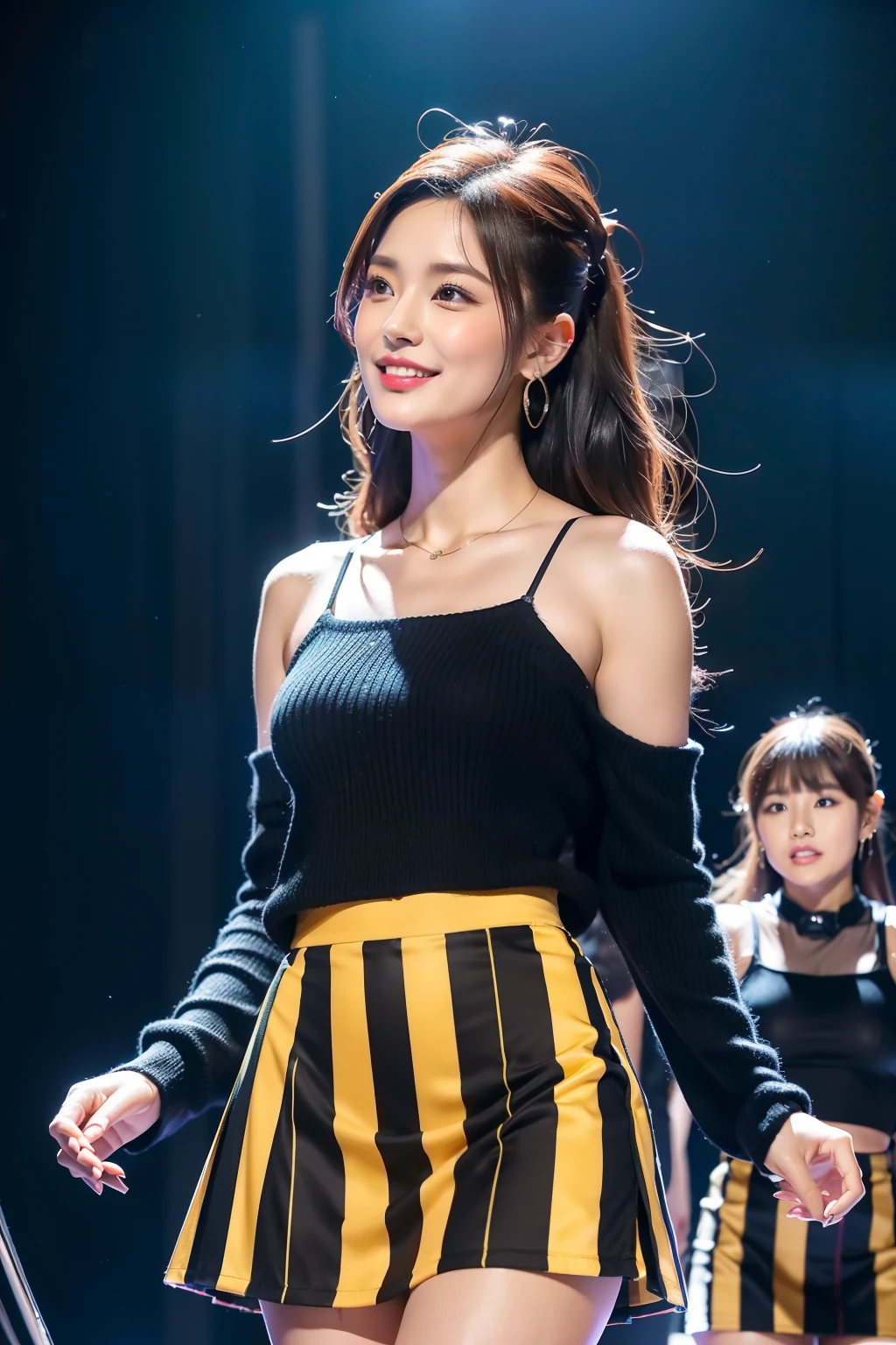 (8K分辨率,Vista full body photo,Photos above the legs),(1 female,28 year old,(Facial features of Hong Jin-young in South Korea:1.8,Wide skeletal cheeks,s delicate face,Slightly baby fat),Lovely face,com rosto detalhado,详细的脸,(Delicate Japanese makeup),Black colored eyes,(Look into the distance),Long dark red hair with slightly curly hair(Messy has layers),Redlip,Fair smooth skin,(Best Skin Type:1.21),A plump chest,(Off-the-shoulder T-shirt(Black polyester,real silk),One-piece high-rise hip skirt(brown pubic fur)),Slightly chubby goddess,Rich physique,stage action,perfect hand,Ultra-fine clothing material),(Mature idol,Idol commercial performance,Exquisite details of the stage environment),(exhilarated,confident smile,Rejoice),(profesional lighting,动态照明),((Color conflicts,mature,Raised sexy,(black in color,brown pubic fur,purpleish color))),(Golden section,Cinema lenses,Dynamic shots,Hasselblad photograp,tmasterpiece:1.3),(Concert,Sexy idols,trendsetting,Artis,Art platform)