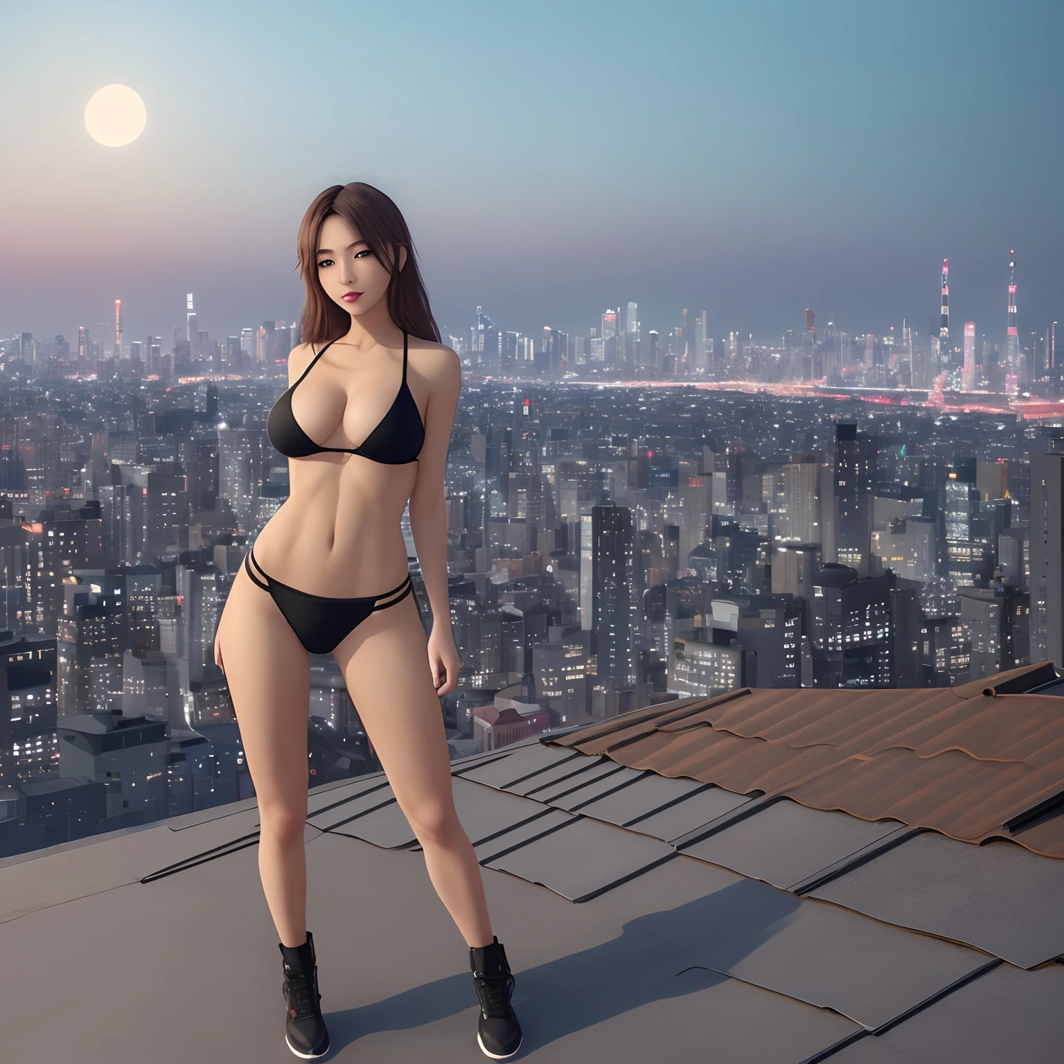 ((midynight, Need, 8k, tmasterpiece:1.3)), full bodyesbian, Long legs, Focalors:1.2, perfect figure beautiful woman:1.4, Slim abs:1.1,  (standing on your feet:1.2), ((city night scene, the roof:1.3)), Highly detailed facial and skin texture, A detailed eye, 二重まぶた，huge tit，nakeness