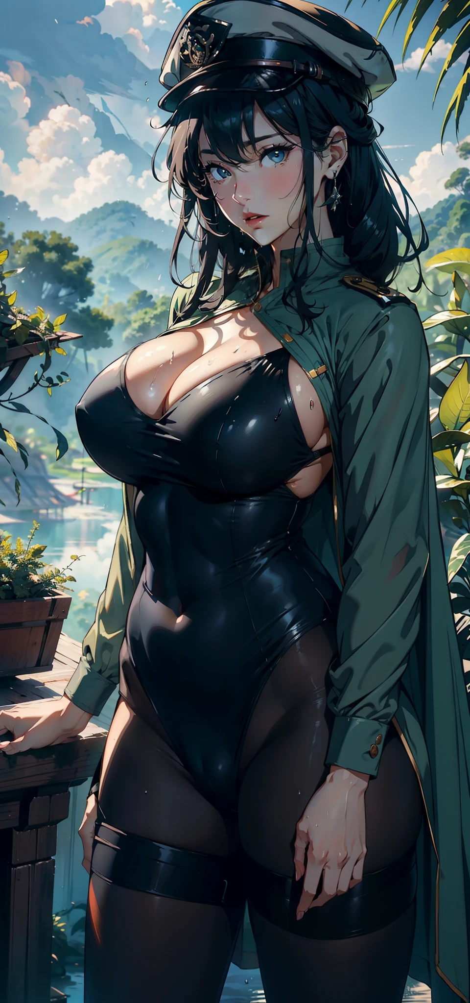 1female,35yo,huge-breasted,long leges,Pornographic exposure, 独奏,(Background with:hilltop,the rainforest,in summer,Standing water on the ground,exteriors) Feel free to hairstyle,Stride,Sweat profusely,drenched all over the body,seen from the front,Long black hair , mostly cloudy sky,(((tmasterpiece),(Very detailed CG unity 8K wallpaper),best qualtiy,cinmatic lighting,detailed back ground,beatiful detailed eyes,Bright pupils,(Very fine and beautiful),(Beautiful and detailed eye description),ultra - detailed,tmasterpiece,)),face to the viewer,frontage,A high resolution,ultra - detailed)nakeness,Wipe off panties,revealing breasts,Bare genitalia, Bulge,Camel toes,Raised sexy,Lewd expression,Flushed complexion,Open-mouthed,frontage,military hat,(Wearing:green capelet,Black pantyhose)