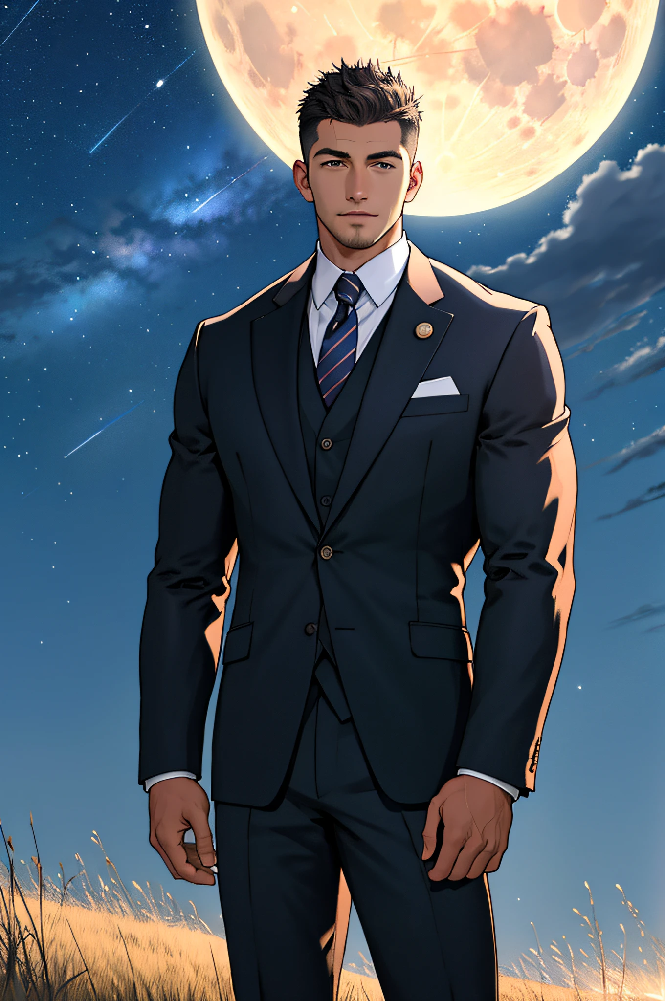 Draw a full-fledged footballer，Standing on the steppe at night，Quiet and comfortable background，He wears the same suit as the country's president，The suit fits perfectly，Handsome face，eyes with brightness，The man looks confident and determined，looking-down，Crew cut，full bodyesbian，Stars dot the sky，shooting from below，Big moon highlights background