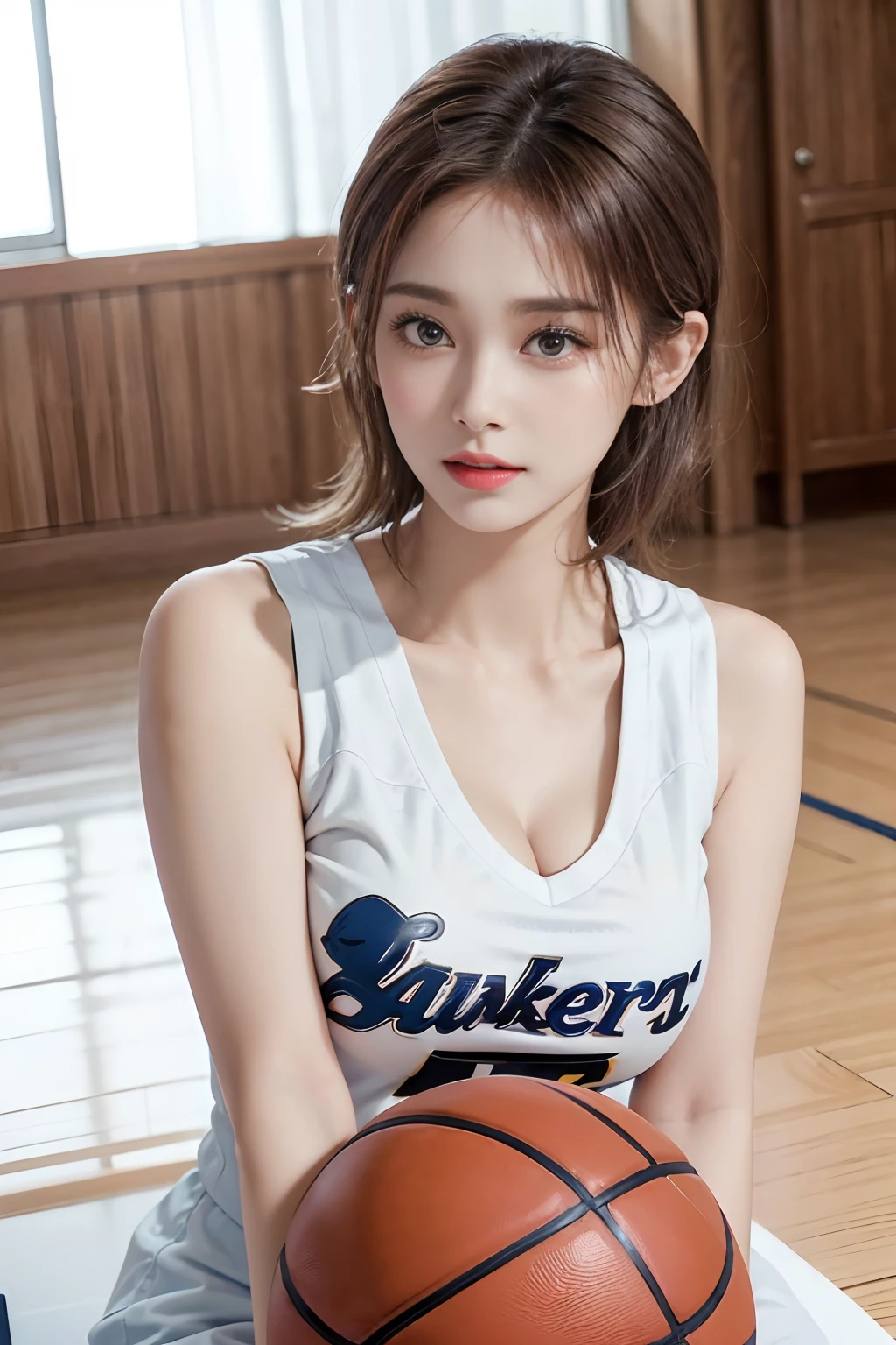Dress up、(Photo realistic:1.4)、(Surreal:1.4)、(Realistic:1.3)、 (Gentle lighting: 1.05)、(Improve the lighting quality of your videos:0.9)、32k ...、 One girl、20-year-old girl、Photorealistic Lighting、Backlight、Facial Light、Ray-tracing、(bright:1.2)、(Improvement of quality:1.4)、 (Highest quality real texture skins)、Beautiful Eyes,Delicate and elegant features、 (Tired, sleepy and satisfied : 0.0), Face close-up, Basketball Uniforms : 1.3, (Improve your body line mood:1.1)、Shiny skin、Pornstar、Korean Idol、Nogizaka Idol、Sculptural Idol Pose、Beautiful actress、A proper woman、whole body, And spread your legs, Big Breasts, Thick thighs,、gym