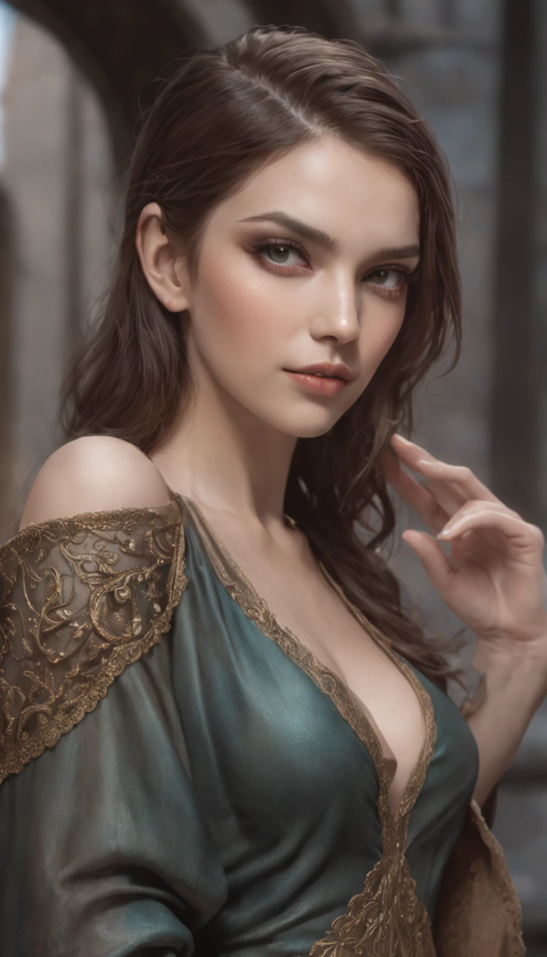 pintura de uma mulher elfa em um manto escuro com um cidade no fundo, artgerm detalhado, Aly Fell e Artgerm, Mulher elfa, Orelhas pontudas. Retrato do Paladino Feminino, retrato de arte conceito de fantasia, retrato de fantasia fosco detalhado, Artgerm extremamente detalhado, Magali Villeneuve», retrato artgerm, Elfo Feminino, Artgerm Julie Bell Beeple