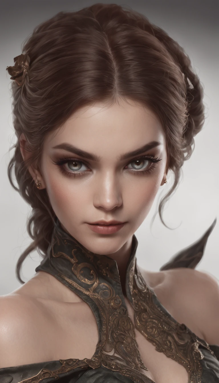 a light skinned woman with a semi round face, golden eyes,golden eyes,golden eyes,golden eyes,golden eyes,golden eyes,golden eyes,golden eyes,golden eyes, broken demon wings, demon tail, horns, brown hair, wearing a cute pink gothic dress, (best quality,4k,8k,highres,masterpiece:1.2),ultra-detailed,(realistic,photorealistic,photo-realistic:1.37),fantasy,horror,dark fantasy,digital art, intricate details,highly detailed,dramatic lighting,cinematic,moody atmosphere,rich textures