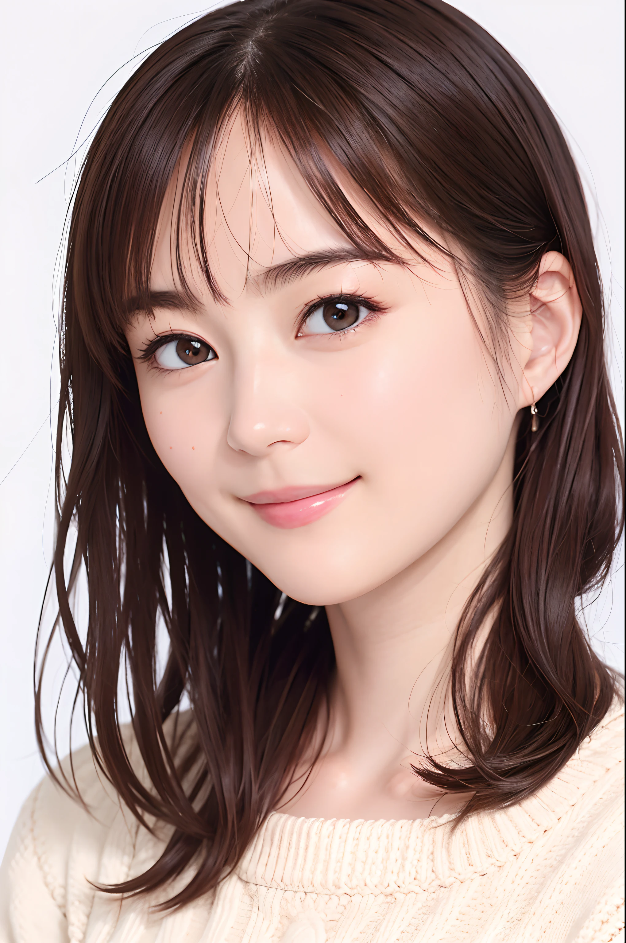 Young japanese lady, 30s, White background, It features a simple背景, white-brown hair, slender, 4K, in 8K, High quality, Beauty, Smile, Beautiful eyes, It features a simple, High resolution,1 person,Beautiful skins,Beautiful skin