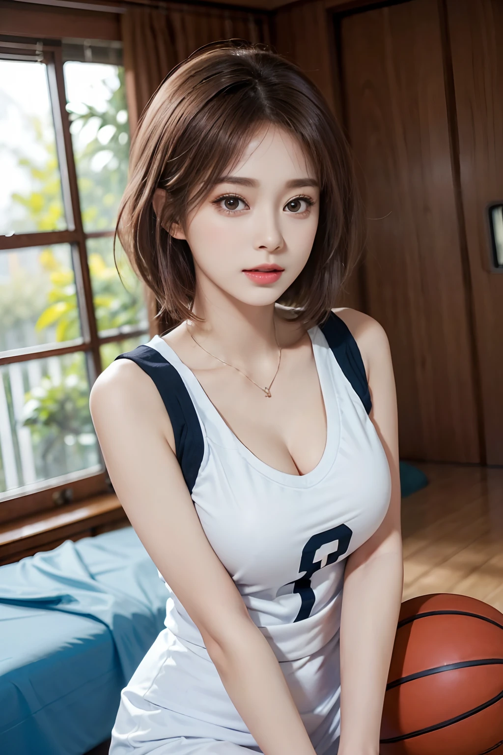 (RAW photos,4K,tmasterpiece,A high resolution,very intricate)(realisticlying:1.4),A delicate girl with facial features in the movie
1 Girl, Single focus, Full body like,Summer noon, Playing the Basketball,Basketball pose,thermography, 1990's\(styled\),White skin,(Bigchest,cleavage), (Best quality), (A high resolution), (Extremely Delicately Beautiful),,(Beautiful 8k face),(Brown eyes),(Ulzzang-6500:1.0),(Large breasts),(NFFSW),(Basketball sportswear),((Playing basketball)),((gymnasium)),((velocity)),(reality),(jiayi:1.5), closeup cleavage, tmasterpiece, best qualtiy, RAW photogr, realisticlying, faces, Incredibly Ridiculous res, Buatigar, adolable, short detailed hair, depth of fields, A high resolution, ultra - detailed, finedetail, Very detailed, extremely detailed eye and face, Sharp pupils, pupil realistic, tack sharp focus, cinmatic lighting