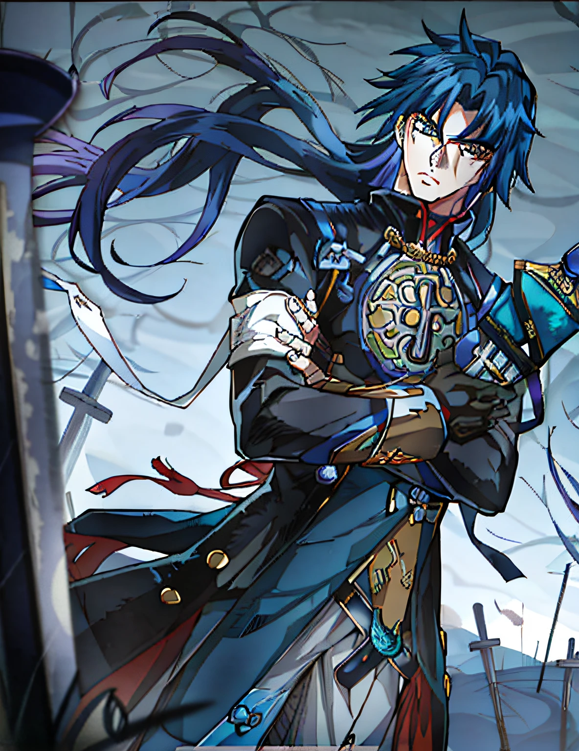 Anime character with blue hair and a sword in the field, Keqing from Genshin Impact, handsome guy in demon killer art, zhongli from genshin impact, Genshin impact's character, shirow masamune, masamune, Genshin, Detailed key anime art, Tall anime guy with blue eyes, shirow masamune, shadowverse style