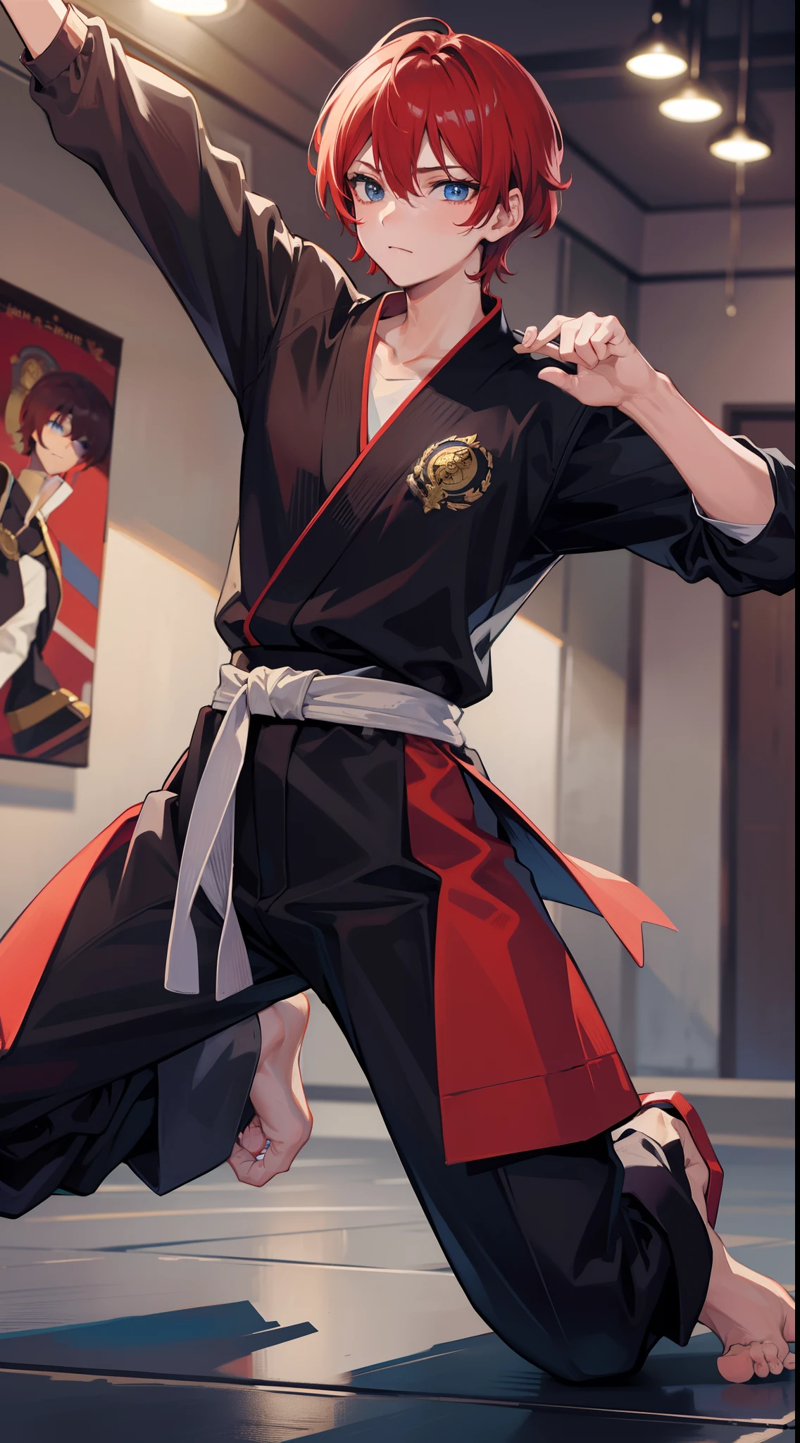 Young guy, short red hair, blue eyes, prince, martial arts, Masterpiece, hiquality