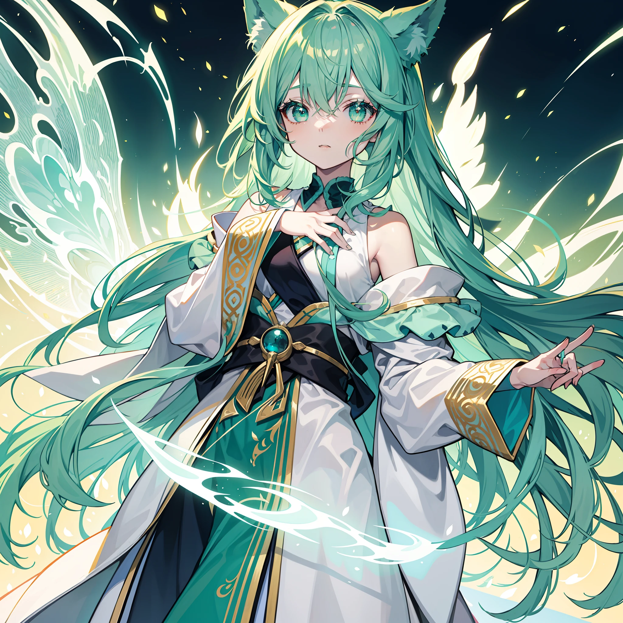 {{Best quality}}, {{Masterpiece}}, {{super ultra detail}}, {{illustration}}, {{Detailed light}}, one-girl,Green hair,Gradient, Turquoise eyes, Loli style, beast ear,The robes of the priests,