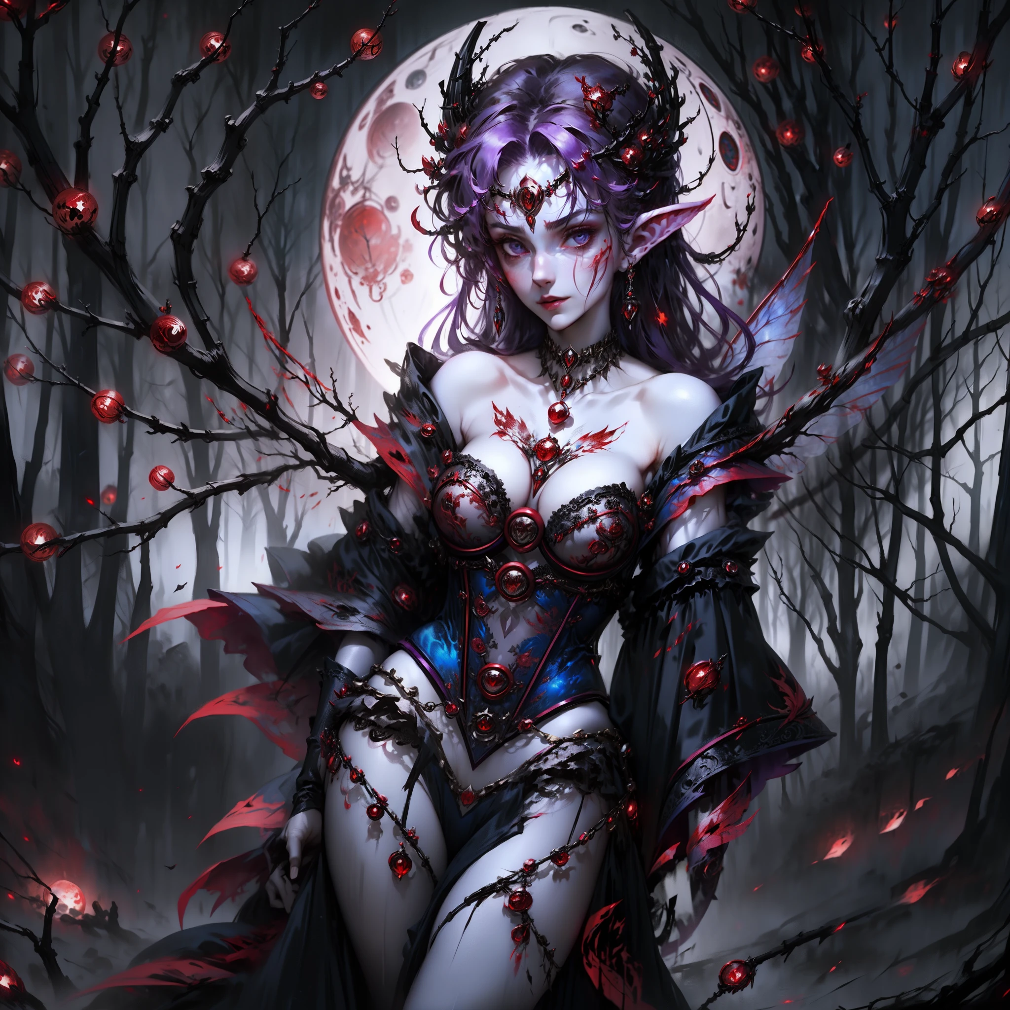 full body female elf warlock, dark woods in the background, small fairies flying amongst the trees, red and purple hair, huge breast, wizard robes open, sexy black and blue corset , fancy hair ornaments, blood moon in the nighttime sky, magical glowing tattoos, wings, jeweled choker