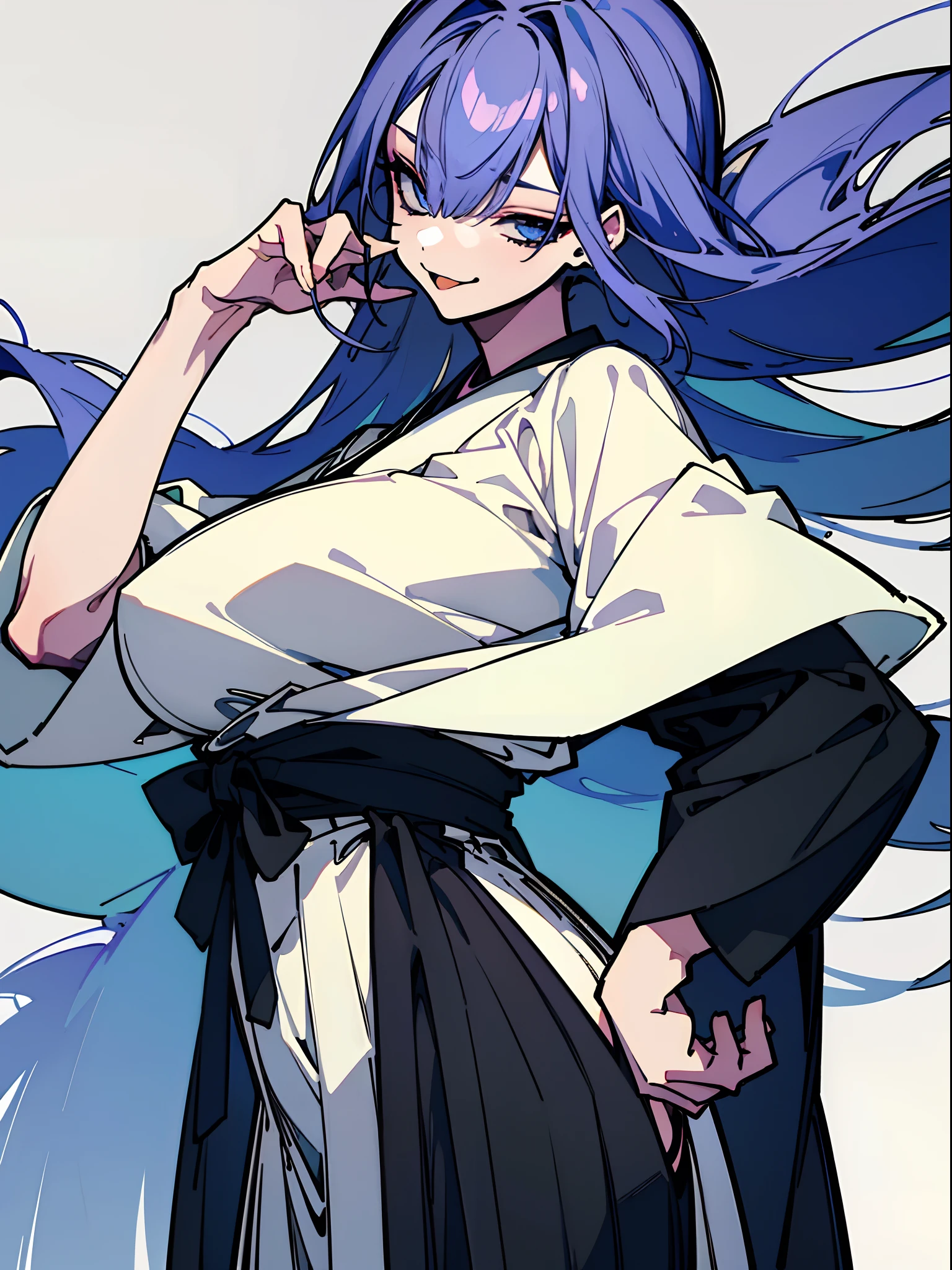 (top-quality、​masterpiece:1.2) 1girl in、Beautiful fece、(White Doshi、Long Black Hakama) poneyTail、long hair of light blue near white,、Blue eyes、Japanese Katana Sword、Colossal tits、Ass Big Style、elegent、enticing、Beautiful and well-groomed face、beautidful eyes、beautiful hairl、slick skin、Beautiful mouth、Fashionable with a change of clothes、Pulling up your hair、One hand is on his hip((Hair over one eye, one eye covered)) (Vicious look、Vulgar smile)