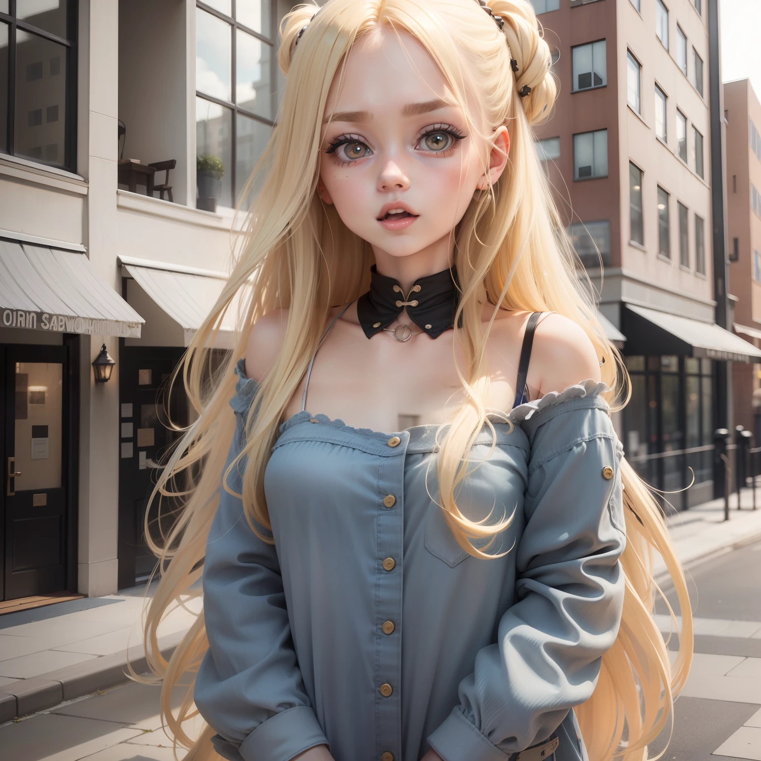 blond woman with long hair sticking out tongue in front of a building, blonde hair and large eyes, blonde swedish woman, long blonde hair and large eyes, cute silly face, long blonde hair and big eyes, huge downslanted eyes, cute pout, she has a cute face, kirsi salonen, kailee mandel, lindsey look, thick lips