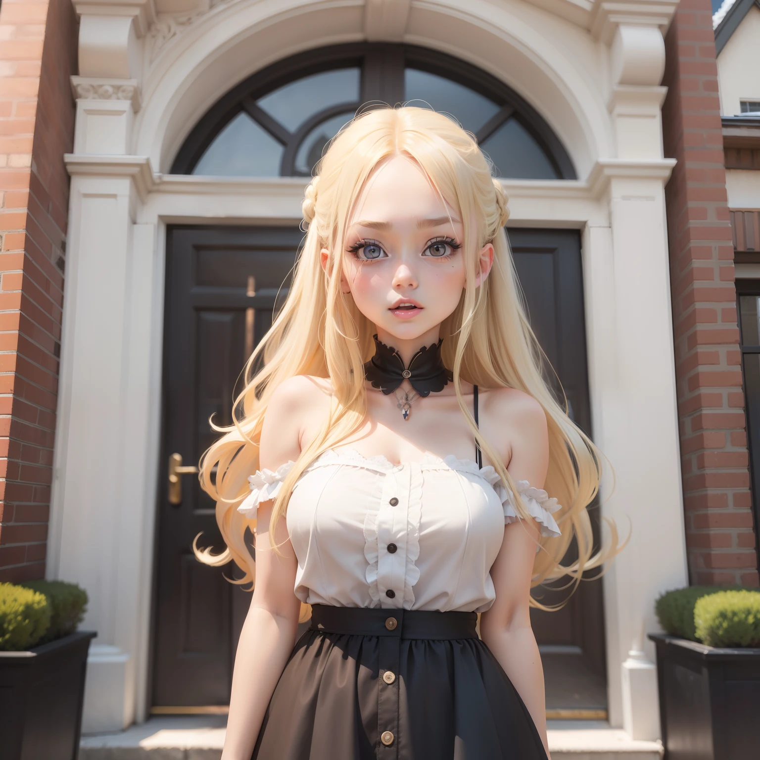 blond woman with long hair sticking out tongue in front of a building, blonde hair and large eyes, blonde swedish woman, long blonde hair and large eyes, cute silly face, long blonde hair and big eyes, huge downslanted eyes, cute pout, she has a cute face, kirsi salonen, kailee mandel, lindsey look, thick lips