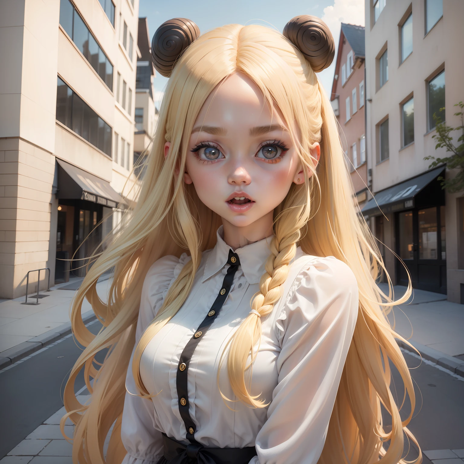 blond woman with long hair sticking out tongue in front of a building, blonde hair and large eyes, blonde swedish woman, long blonde hair and large eyes, cute silly face, long blonde hair and big eyes, huge downslanted eyes, cute pout, she has a cute face, kirsi salonen, kailee mandel, lindsey look, thick lips