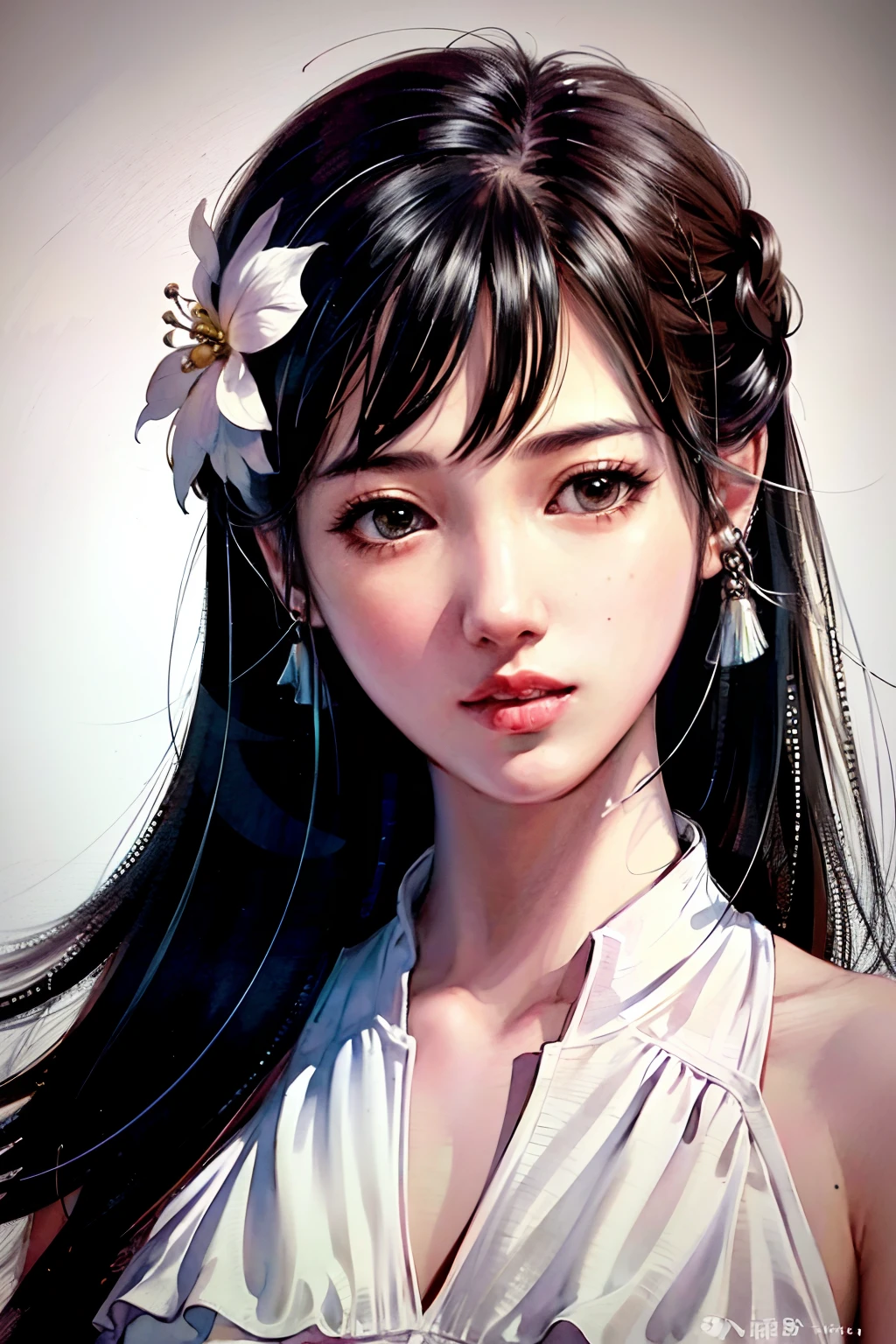 stechu,(white background:1.4), ((tachi-e)), original,(illustration:1.1),(best quality),(masterpiece:1.1),(extremely detailed CG unity 8k wallpaper:1.1), (colorful:0.9),(panorama shot:1.4),(solo:1.2), (ink splashing),(color splashing),((watercolor)), clear sharp focus,{ 1girl standing },((korean style )),flower background,outdoors,rocks, looking at viewer, make happy expressions,soft smile,pure,beautyfull detailed face and eyes,beautyfull intricacy clothing decorative pattern details, black hair,black eyes,colorwater