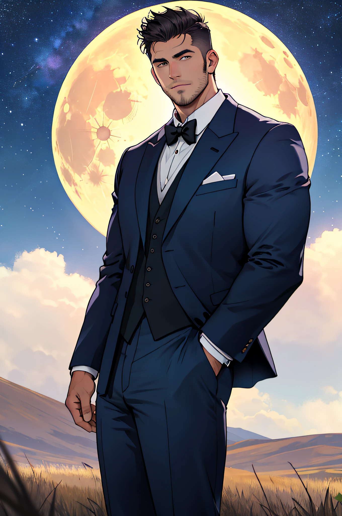 Draw a full-fledged footballer，Standing on the steppe at night，Quiet and comfortable background，He wears the same suit as the country's president，The suit fits perfectly，Handsome face，eyes with brightness，The man looks confident and determined，looking-down，Crew cut，full bodyesbian，Stars dot the sky，shooting from below，Big moon highlights background