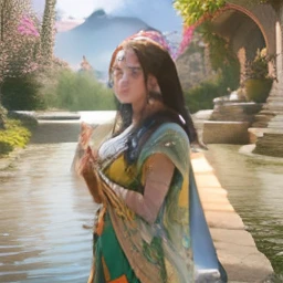 Young Indian girl, delicate and beautiful girl, gentle smile, Dynamic posture, dinamic angle, Women's jewelry, Ornaments, Tatoo, sari, Indian Garden, Sunny day, water, Flowers, hyper realisitc, hyper-detailing, 8K