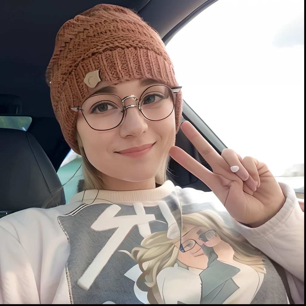 woman in a car with a hat and glasses making a peace sign, wearing a beanie, it's wearing a cute little hat, wearing a cute hat, wearing beanie, taken in the early 2020s, giving the middle finger, she wears harry potter glasses, chilled out smirk on face, profile photo, she is wearing a hat