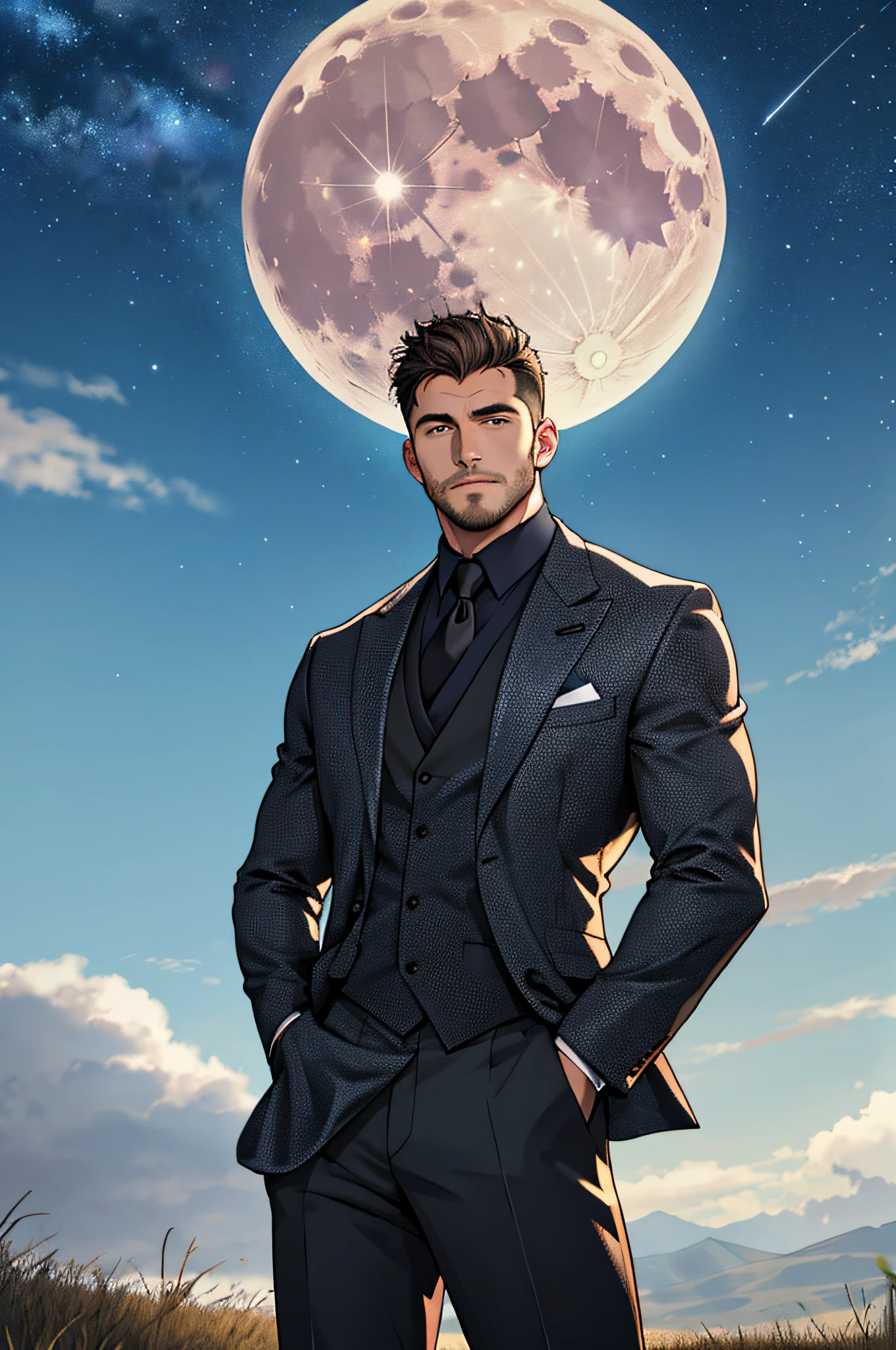 Draw a full-fledged footballer,Standing on the steppe at night,Quiet and comfortable background,He wears the same suit as the country's president,The suit fits perfectly,Handsome face,eyes with brightness,The man looks confident and determined,looking-down,Crew cut,full bodyesbian,Stars dot the sky,shooting from below,Big moon highlights background