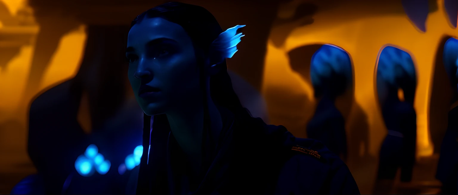 um close up de uma pessoa com um cabelo muito longo, James Cameron Estilo Avatar, Filme Avatar, Avatar ( 2 0 0 9 ), # Film, belas fotos Avatar, Still of a cinematographic and live action, paisagem do Avatar, still of a cinematic and fantasy, cena do Filme live action, cinematic blue and gold, cinematic blue lighting, cinematic and still 8K