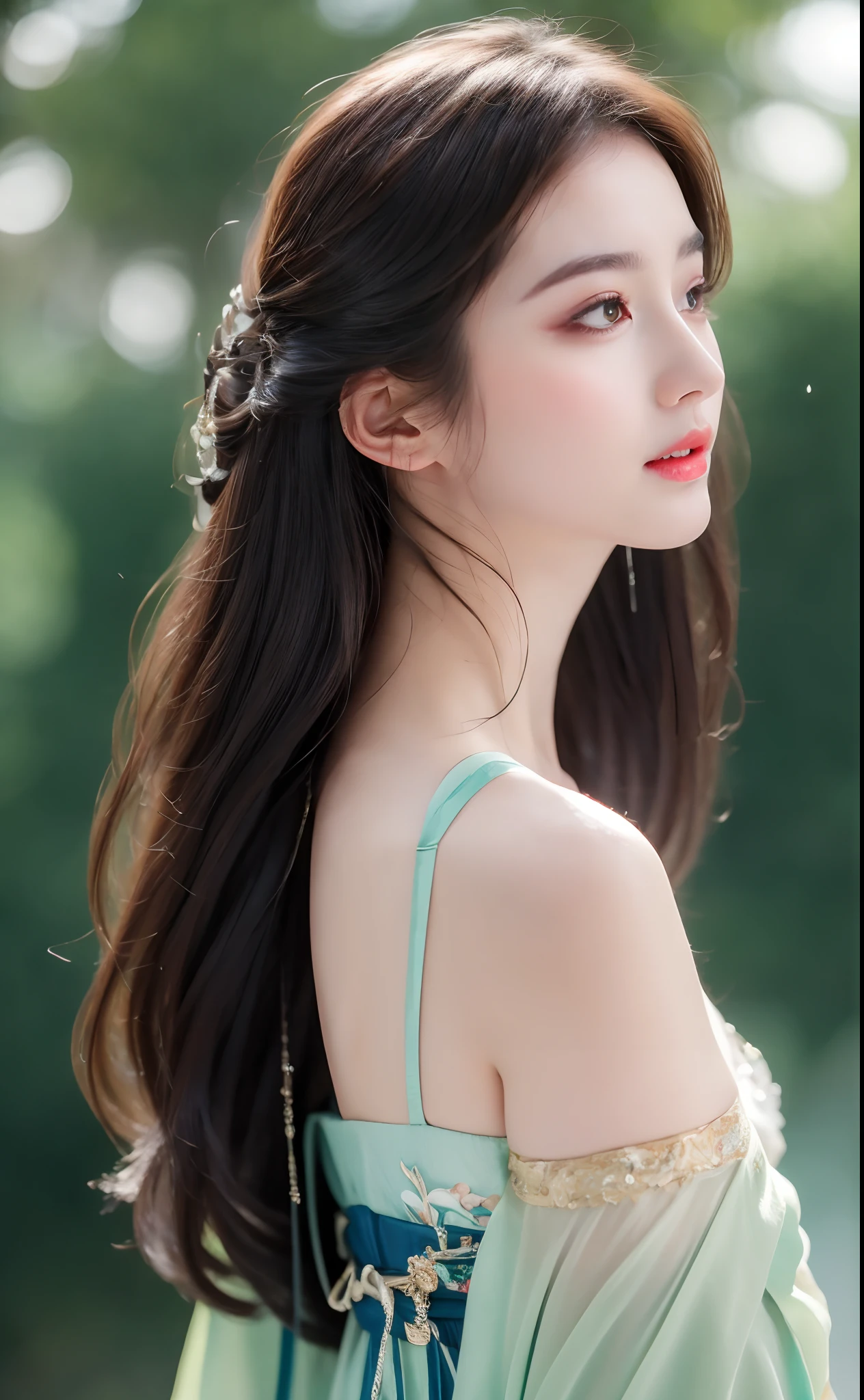 ((Best Quality, 8k, Masterpiece: 1.3)), Focus: 1.2, Perfect Body Beauty: 1.4, Buttocks: 1.2, ((Layered Haircut)), (Wet Clothes: 1.1), (Rain, Street:1.3), (Breasts: 1.2), (Hanfu: 1.2), Bare Shoulders, Bare Legs, Highly Detailed Face and Skin Texture, Fine Eyes, Double Eyelids, Whitened Skin, Long Hair, (Shut Up: 1.5), (Bokeh Background: 1.5), Big Breasts