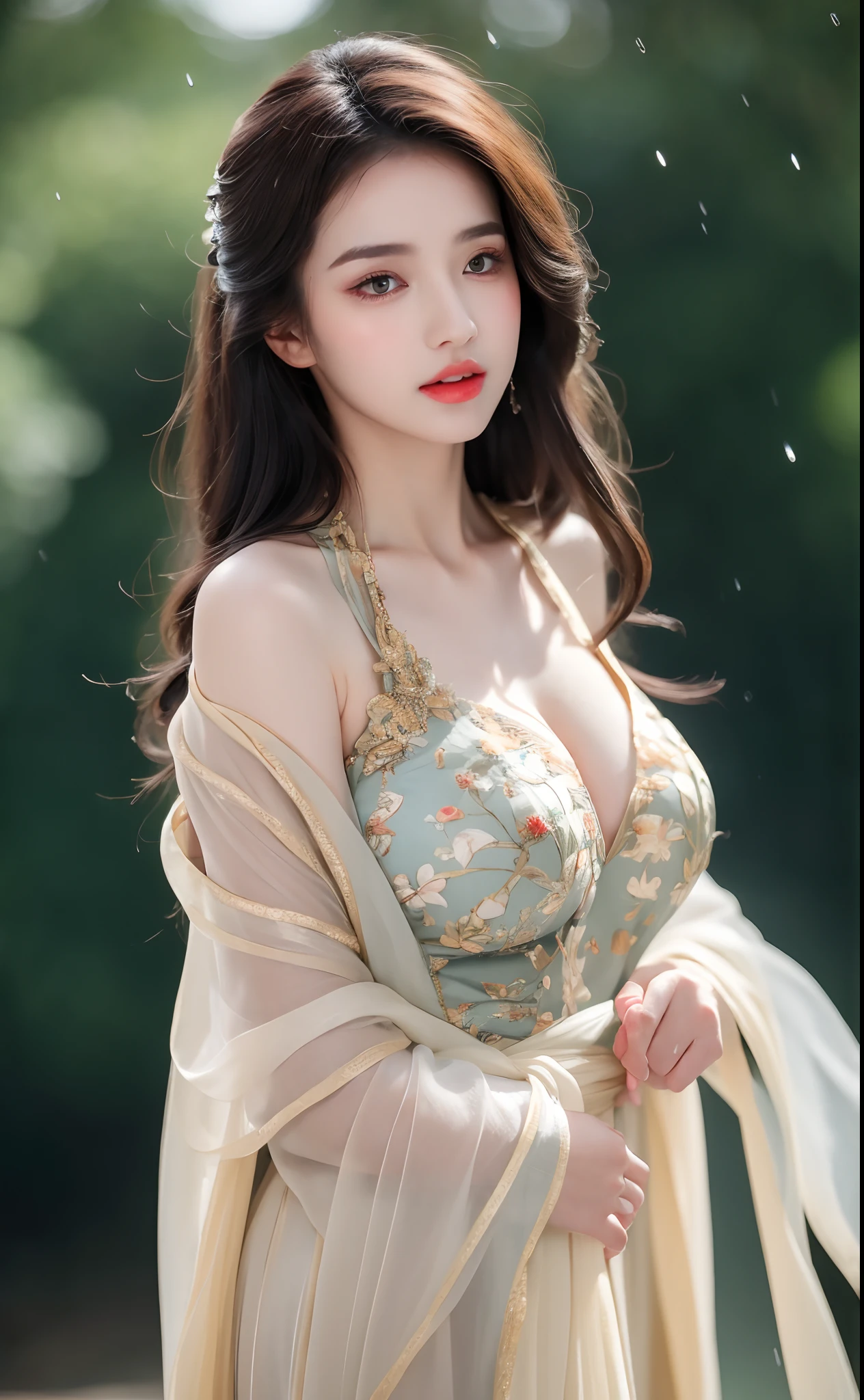 ((Best Quality, 8k, Masterpiece: 1.3)), Focus: 1.2, Perfect Body Beauty: 1.4, Buttocks: 1.2, ((Layered Haircut)), (Wet Clothes: 1.1), (Rain, Street:1.3), (Breasts: 1.2), (Hanfu: 1.2), Bare Shoulders, Bare Legs, Highly Detailed Face and Skin Texture, Fine Eyes, Double Eyelids, Whitened Skin, Long Hair, (Shut Up: 1.5), (Bokeh Background: 1.5), Big Breasts