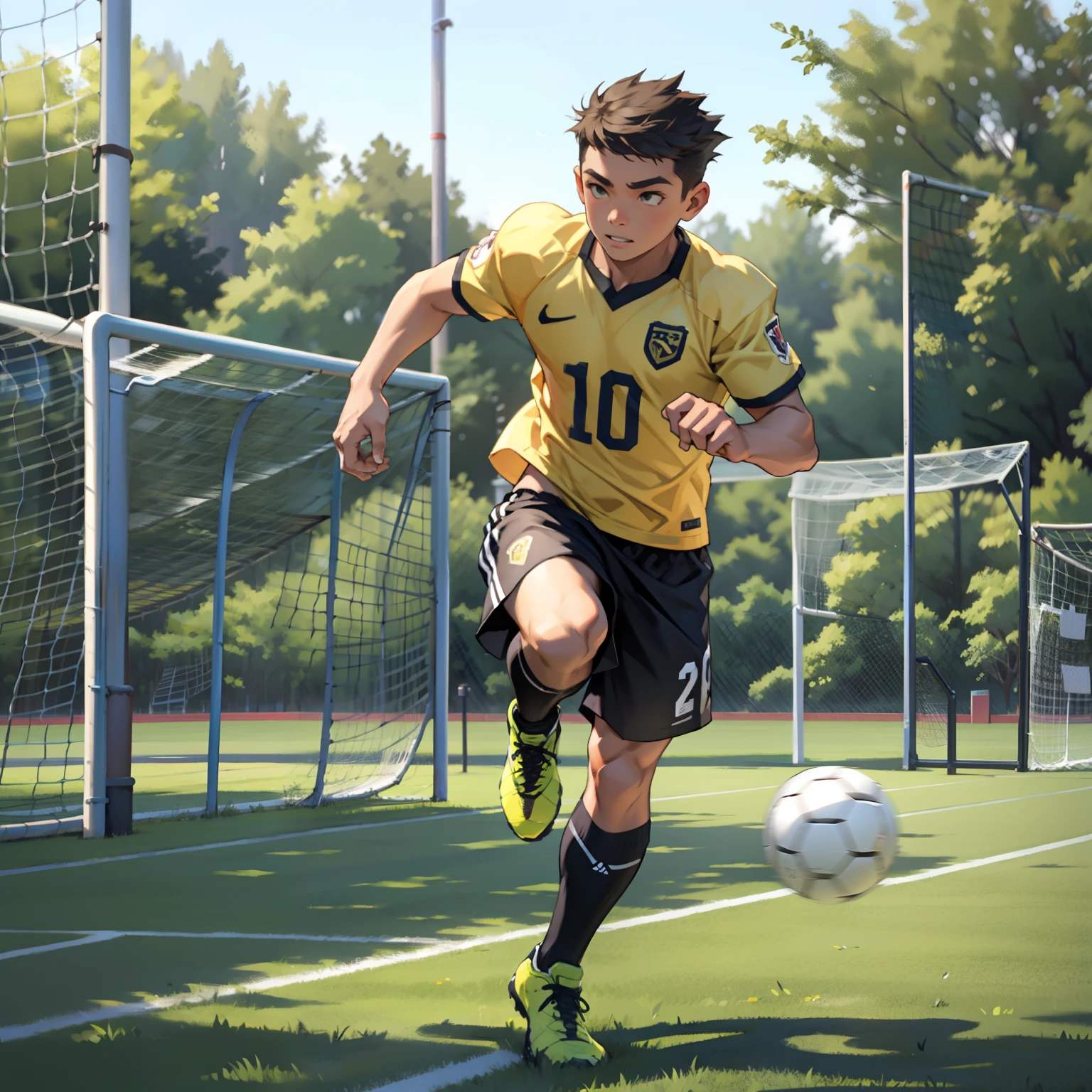 A boy is playing soccer