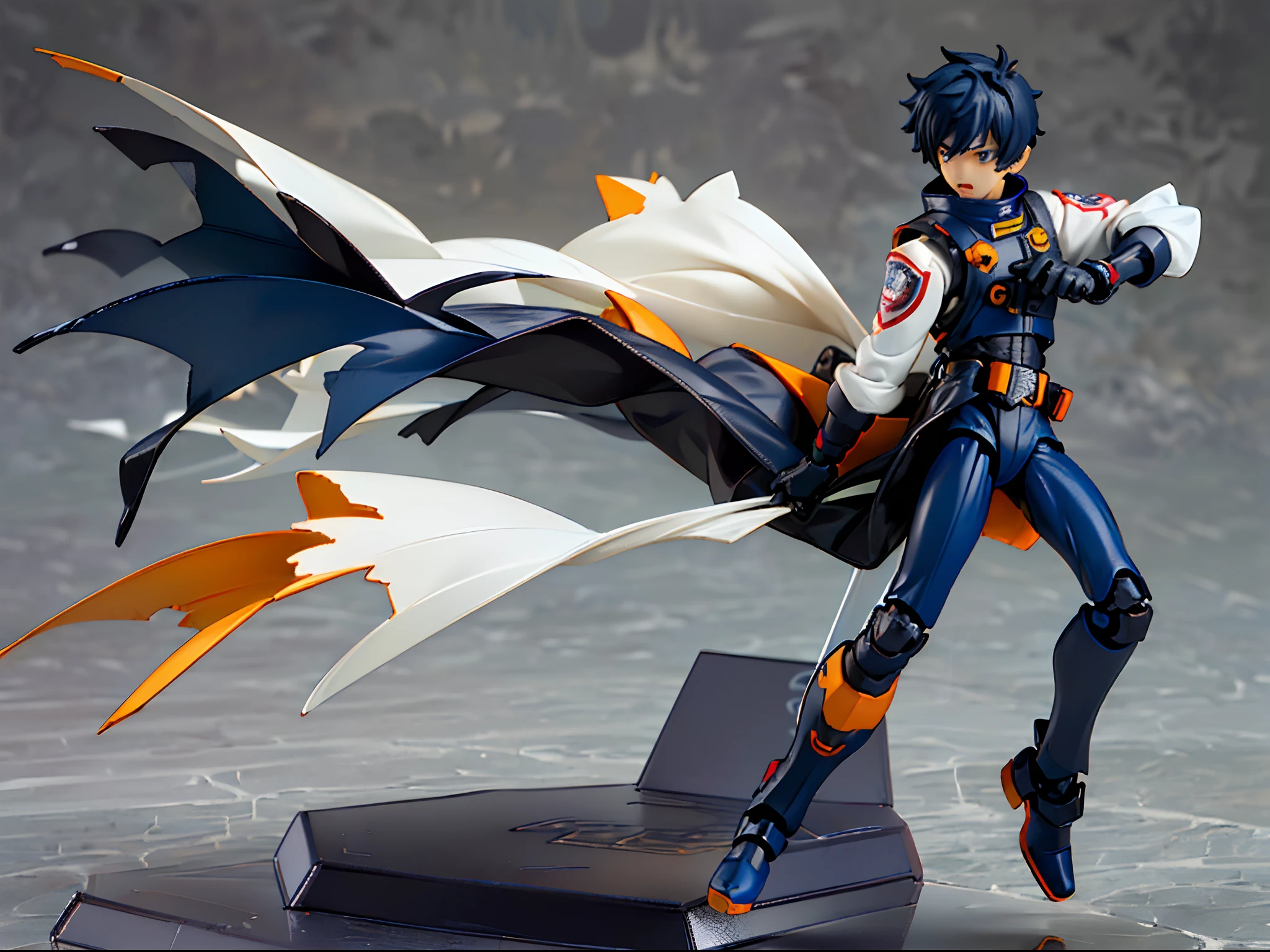 ((younge boy)),Sense of childhood,Anime male protagonist,Handsome,agony,goggles,Tech earmuffs,Black and blue unibody mech set,White armored gloves,Racing boots,Fight,Full body like,injury,Sit with open legs,fall,Battle damage,Defeat,Single,tchibi,blindbox,Clay texture,Best quality,a 3D render,vinyl toy figurine。8K quality